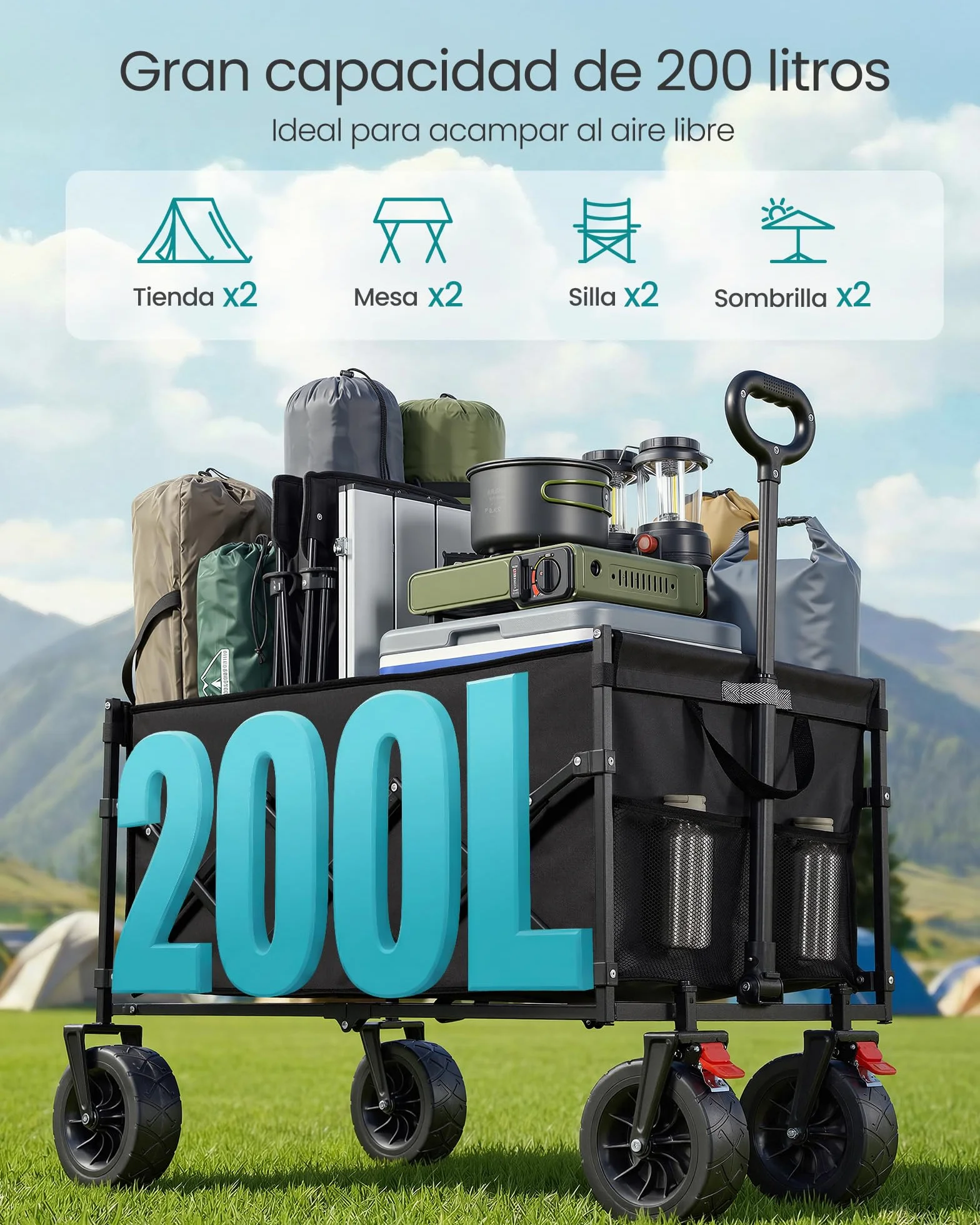 SONGMICS Carro Plegable de Jardín 180 kg 200 L 4 Ruedas Reforzadas Negro Tinta GFW201B101