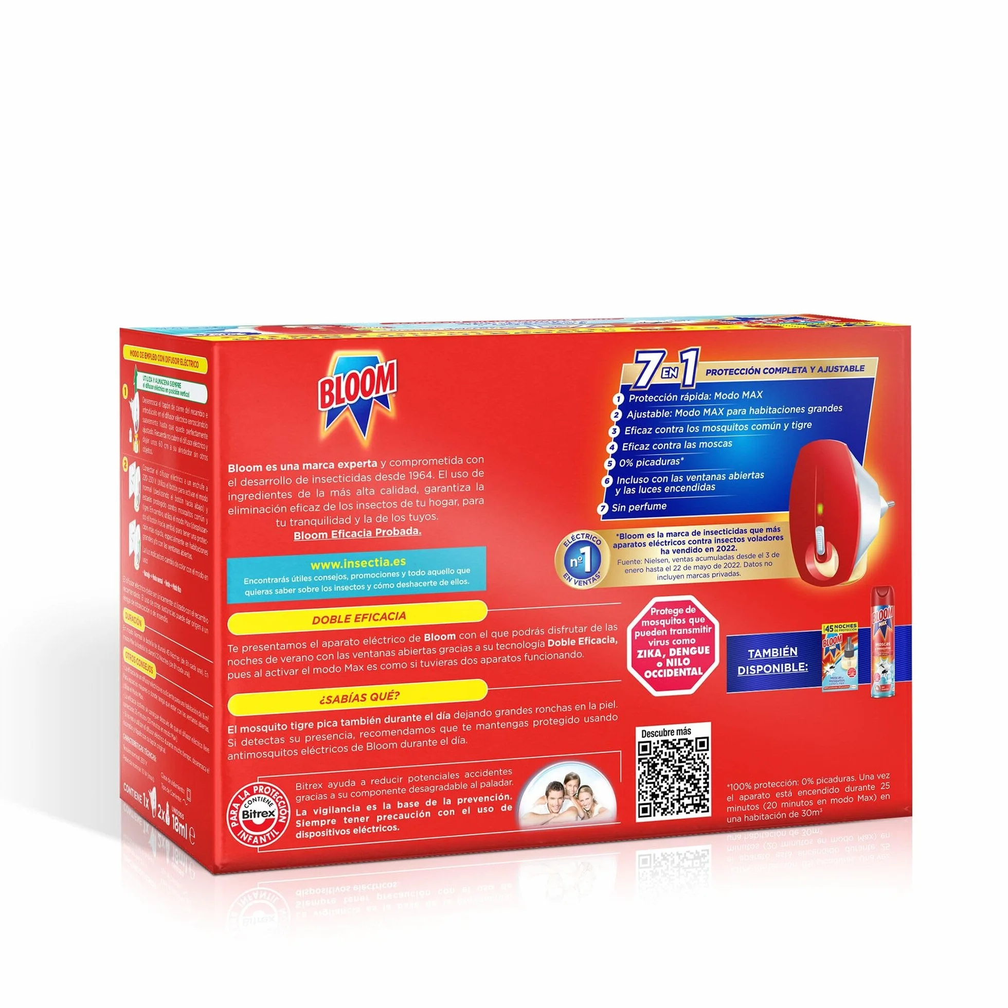 Bloom Max Insecticida Eléctrico Líquido Antimosquitos 7en1, 2 Aparatos + 4 Recambios, 180 Noches de Protección