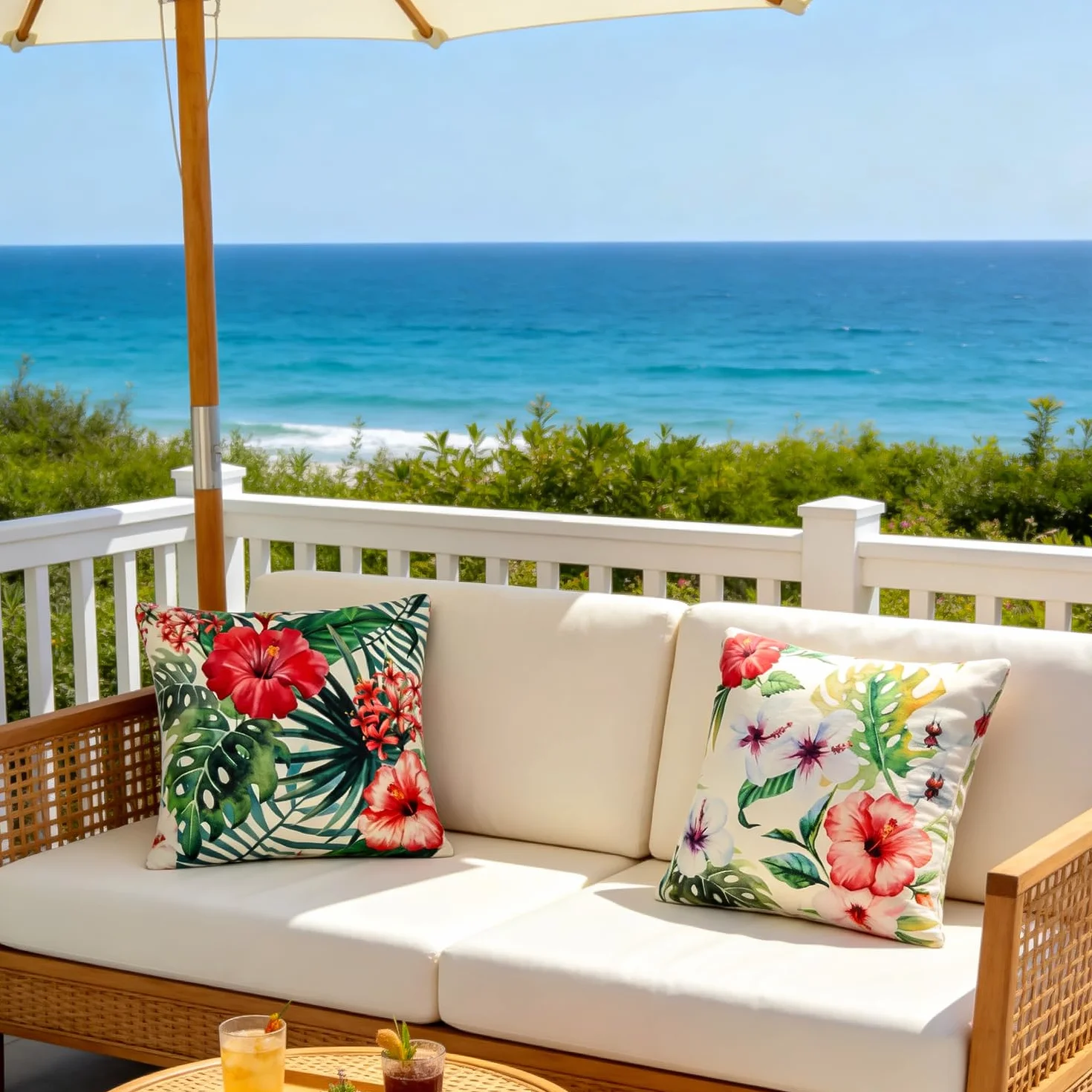 Funda Cojin Exterior Impermeable 45x45 CM Flor Colorida Hojas Monstera Lino Sofa Jardin 2 Piezas