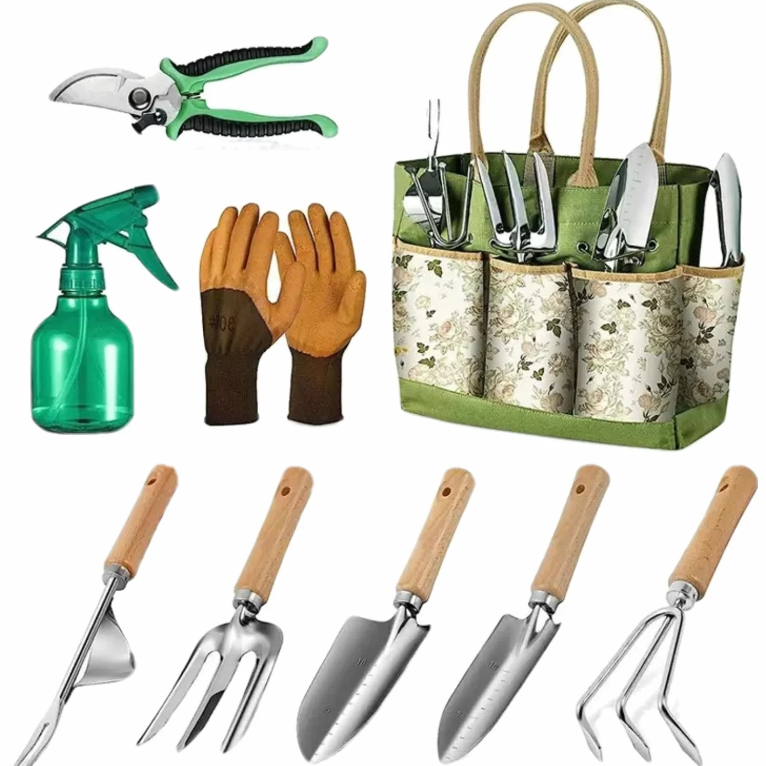 Kit de regalo de herramientas de mano de jardinería, regalos de jardinería para mujeres y hombres, 9 piezas de herramientas de jardín resistentes, bolsa de herramientas de jardín para mujeres y
