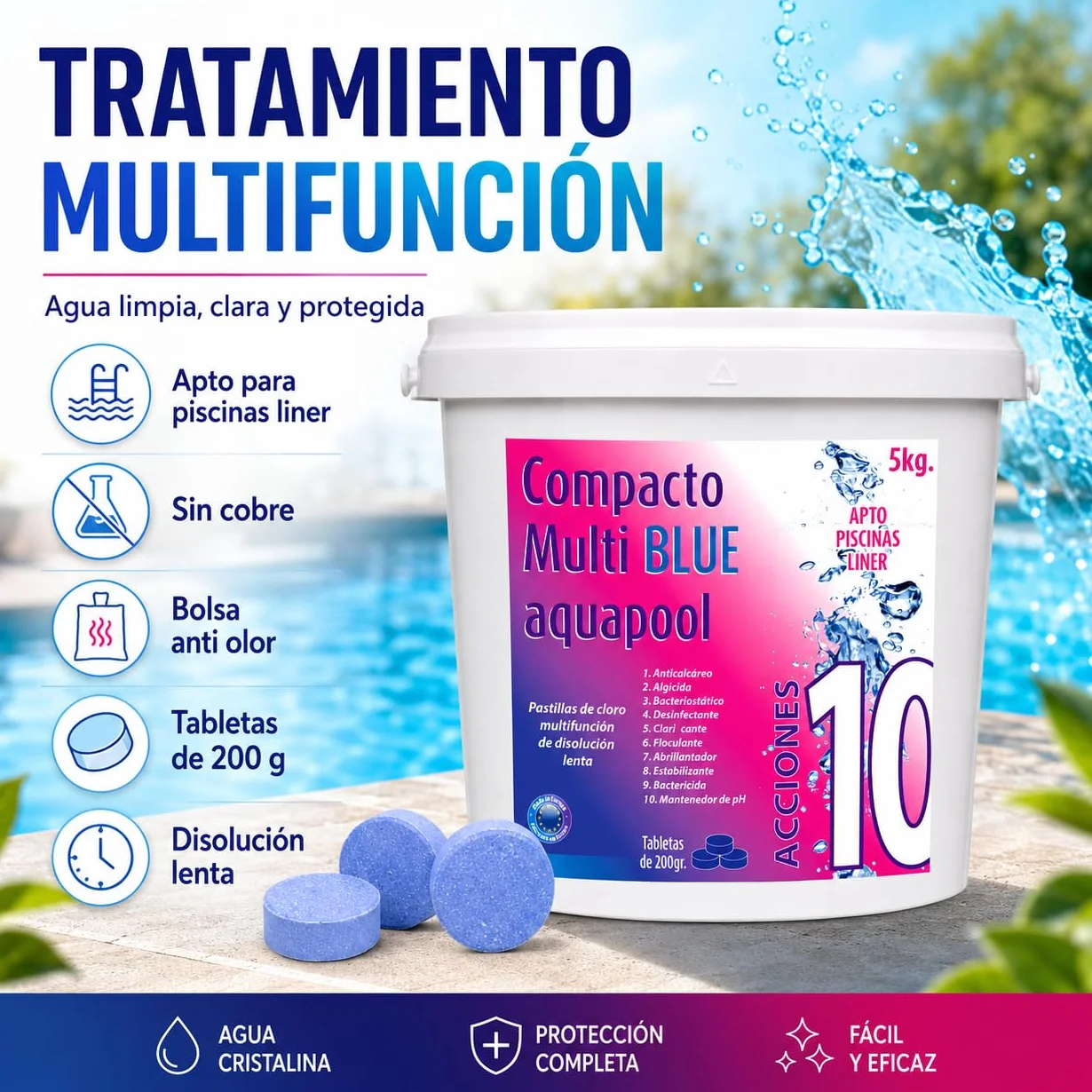 Aquapool Compacto 10 ACCIONES Pastillas de Cloro multifunción Disolución Lenta Apto Piscinas Liner 5 KG