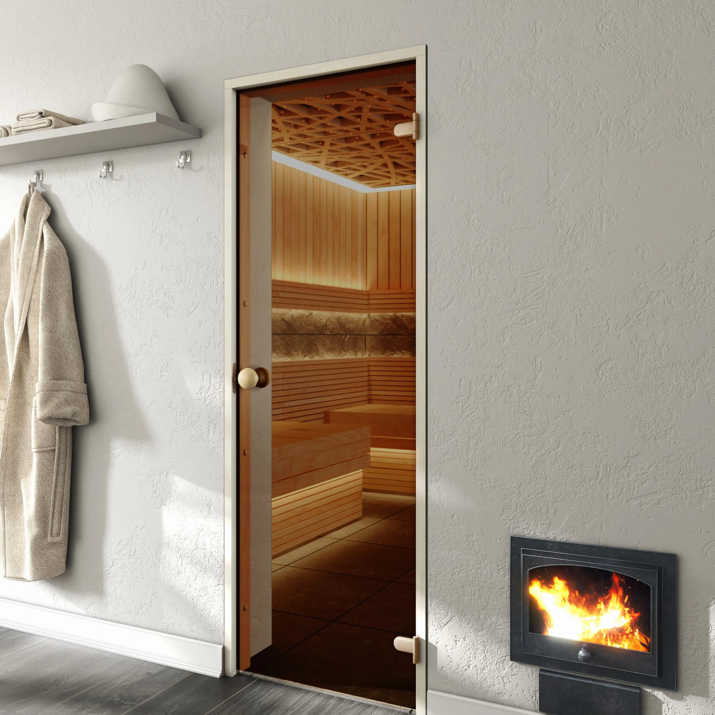 Puerta de sauna ESSENTIAL – Vidrio templado de seguridad de 8 mm, marco de madera laminada, montaje a derecha/izquierda (bronce/álamo, 60 x 190)