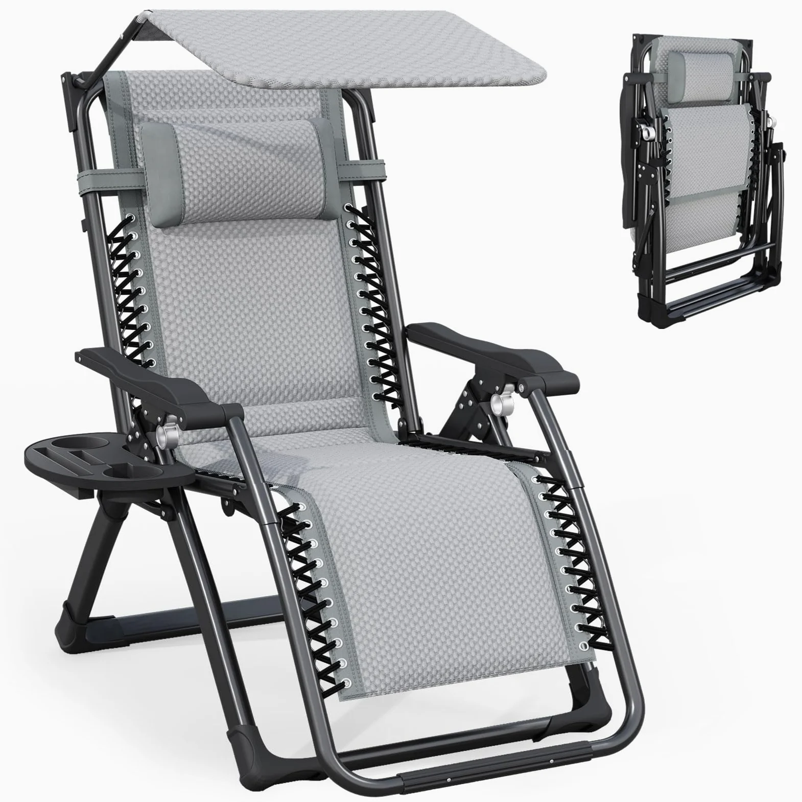 ATORPOK acolchado Zero Gravity Lounge Chair – Inclinación de Patio Plegable con toldo ajustable, reposacabezas y portalámparas para patio trasero, borde de piscina y playa (Gris)