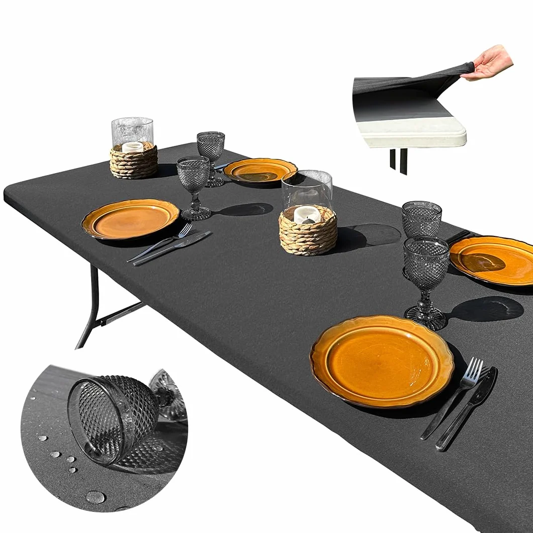 Mantel Exterior Impermeable 182x76 TPU Antimanchas Mesa Rectangular Ajustable Elástico Negro Spandex Camping