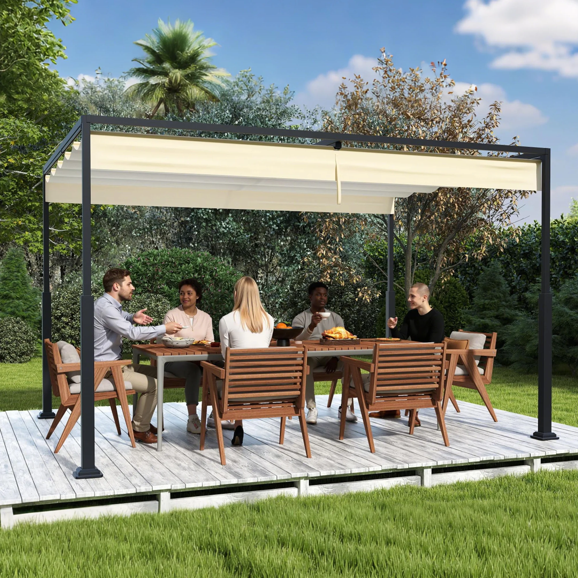 Pérgola para exteriores de 3 x 4 m, marco de metal estable, con protección solar y viento, techo solar, toldo retráctil para jardín, terraza y balcón (beige)