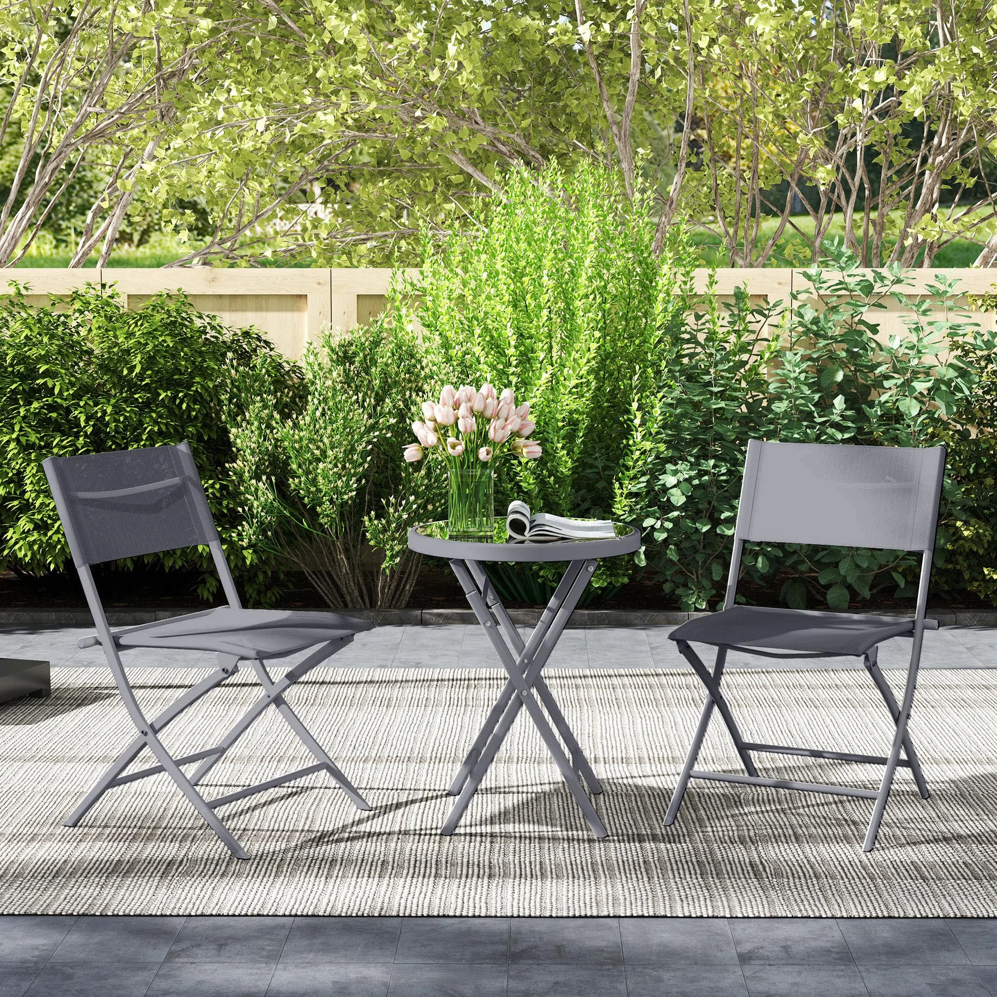 Outsunny Juego de bistro de metal plegable 3 piezas, 2 sillas y 1 mesa redonda, muebles de jardín gris