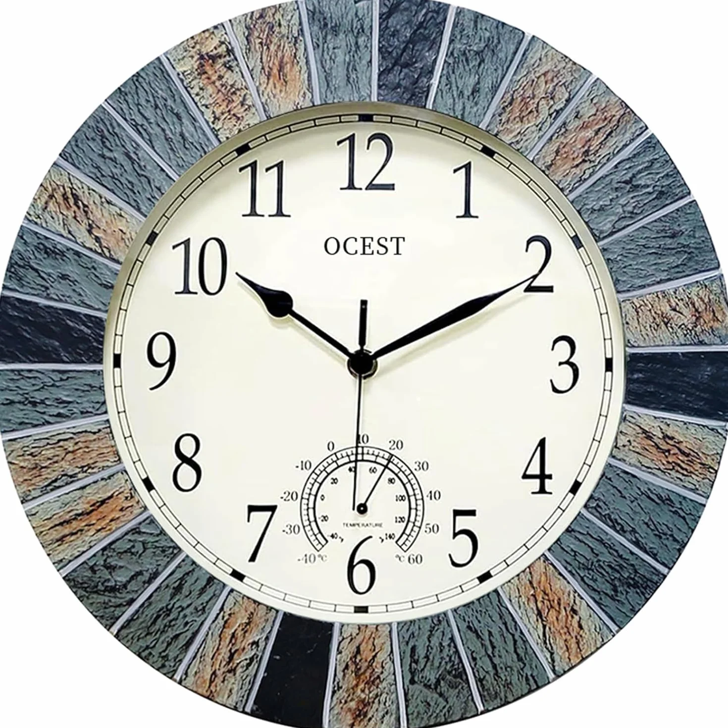 OCEST Reloj de jardín 33 cm resistente al agua Reloj de pared grande retro con termómetro a pilas sin tictac
