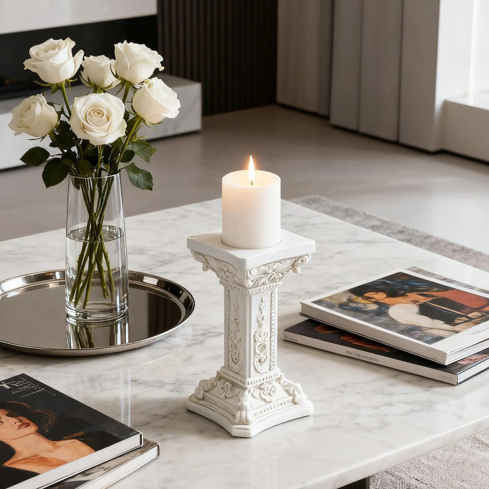 Columna Griega Decoración Pedestal con Tallado Floral para Jardín
