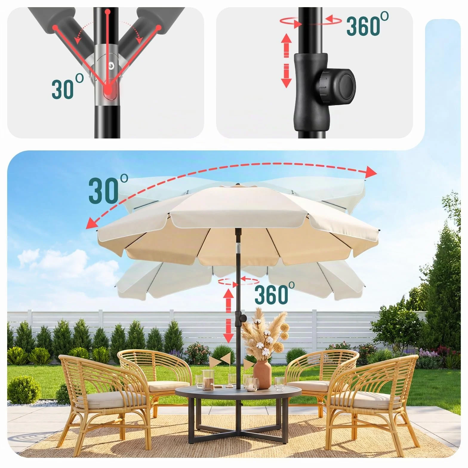 VOUNOT Parasol Playa Grande Ø200cm Protección UV 50+ Soporte Arena Mástil Inclinable Altura Regulable con Bolsa Transporte