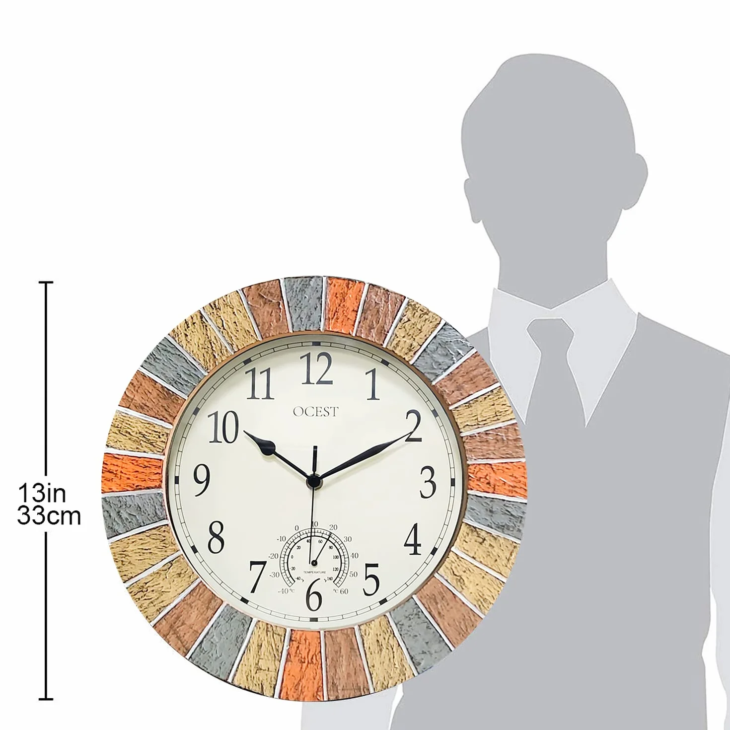 Ocest Reloj de pared grande impermeable con termómetro para interiores y exteriores