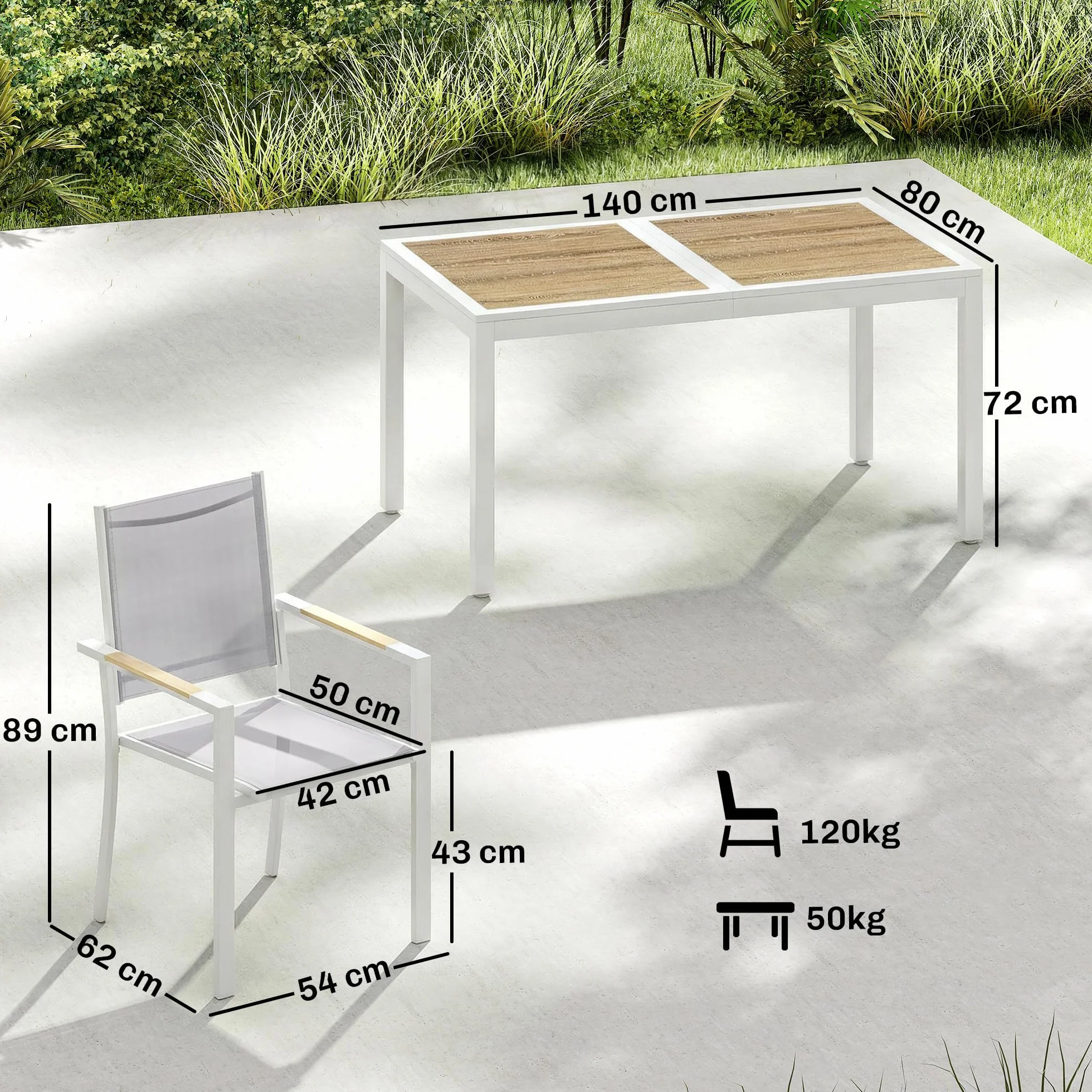 Outsunny Conjunto de Mesa y Sillas Jardín de 7 Piezas, Muebles Jardín Exterior con Mesa de Plástico PSPC, 6 Sillas Apilables Transpirables, Marco de Acero Resistente a la Intemperie, Blanco