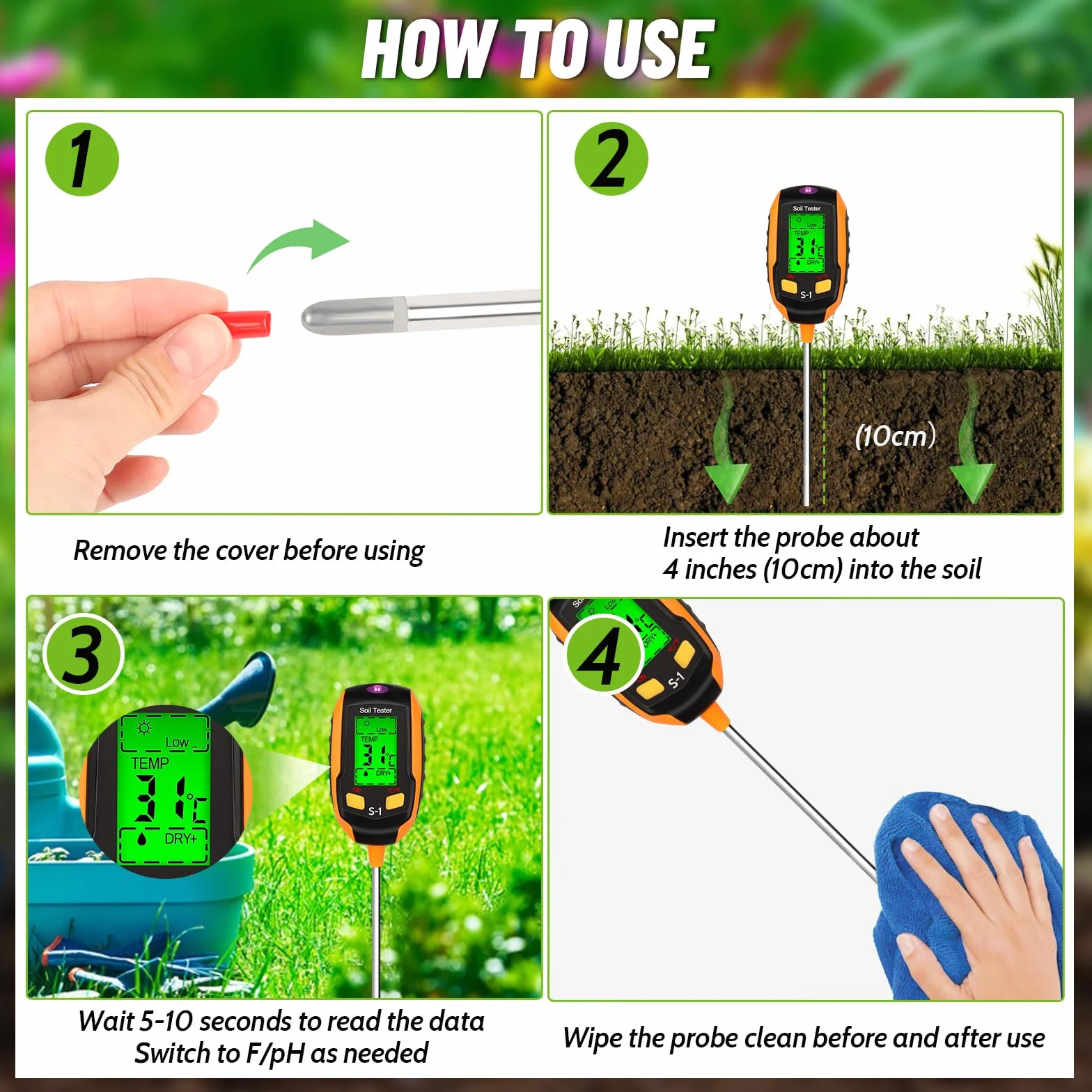 LWMTT Medidor de Suelo 4 en 1 pH Temperatura Humedad Luz Pantalla LCD Jardinería