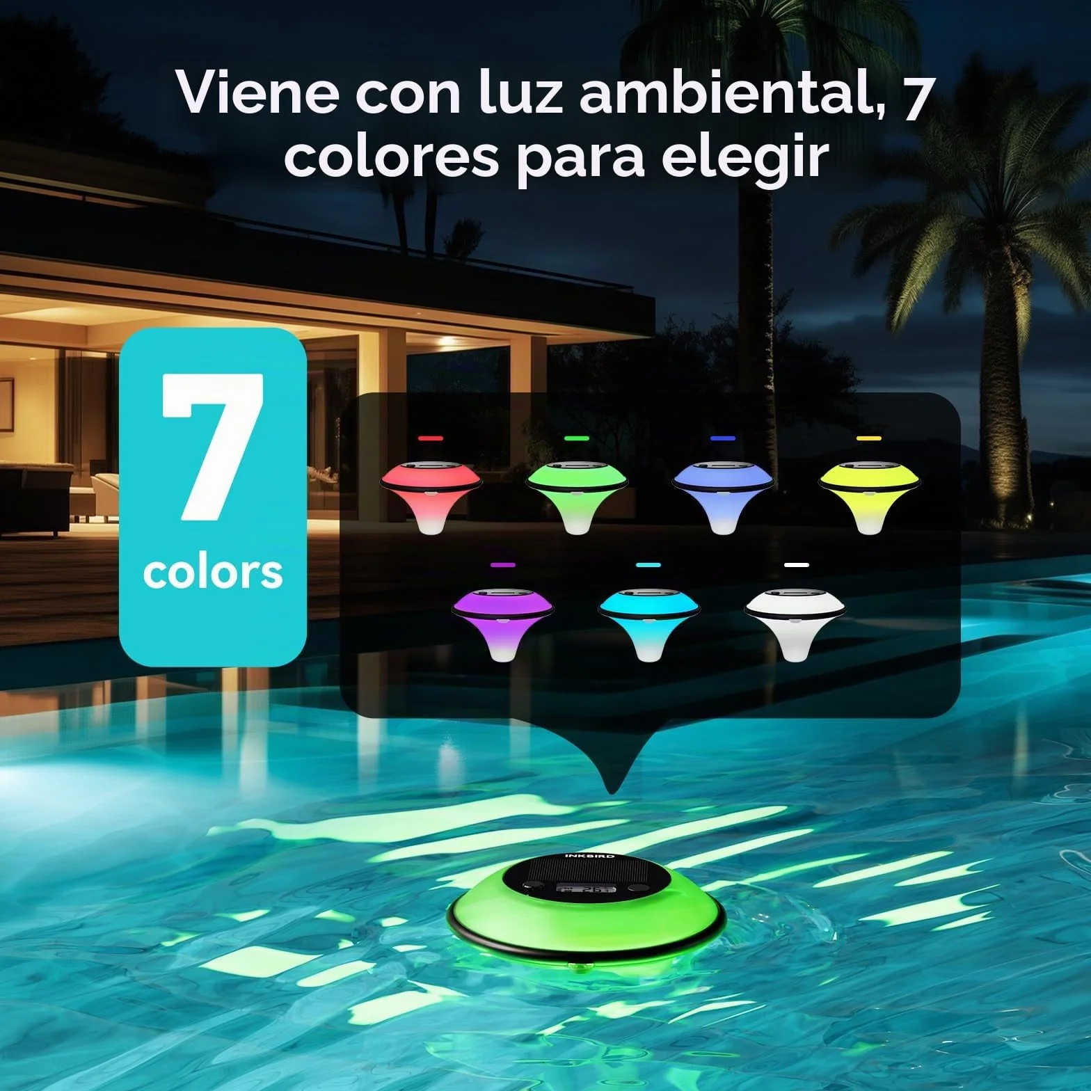 Inkbird IBS-P05R Termómetro Piscina Solar con 7 Luz Colorida, IP68, Sensor Automático, Mando a Distancia