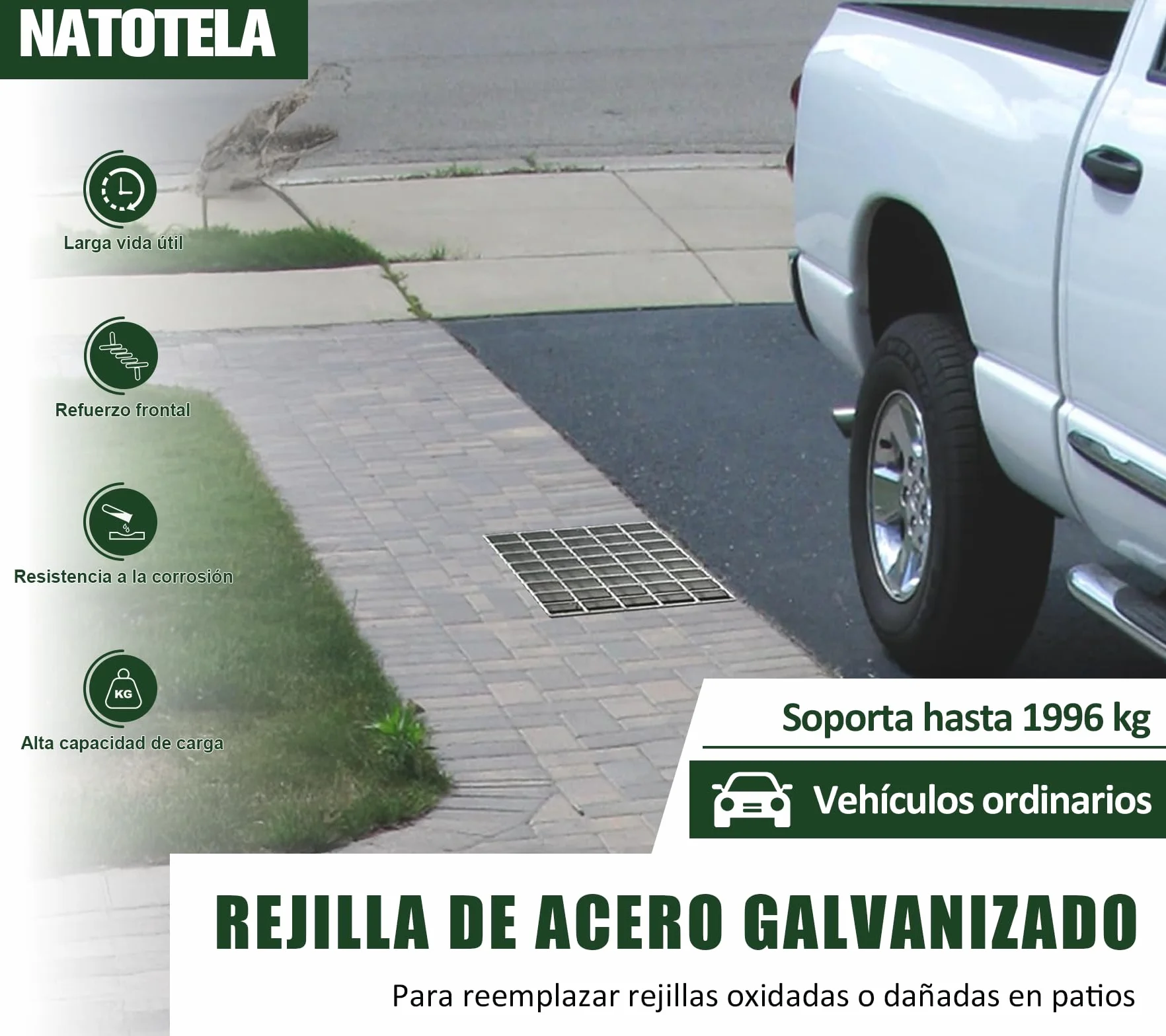 Rejilla de desagüe galvanizado 226 x 226 x 30 mm para piscina MW 25/45 mm cuadrada