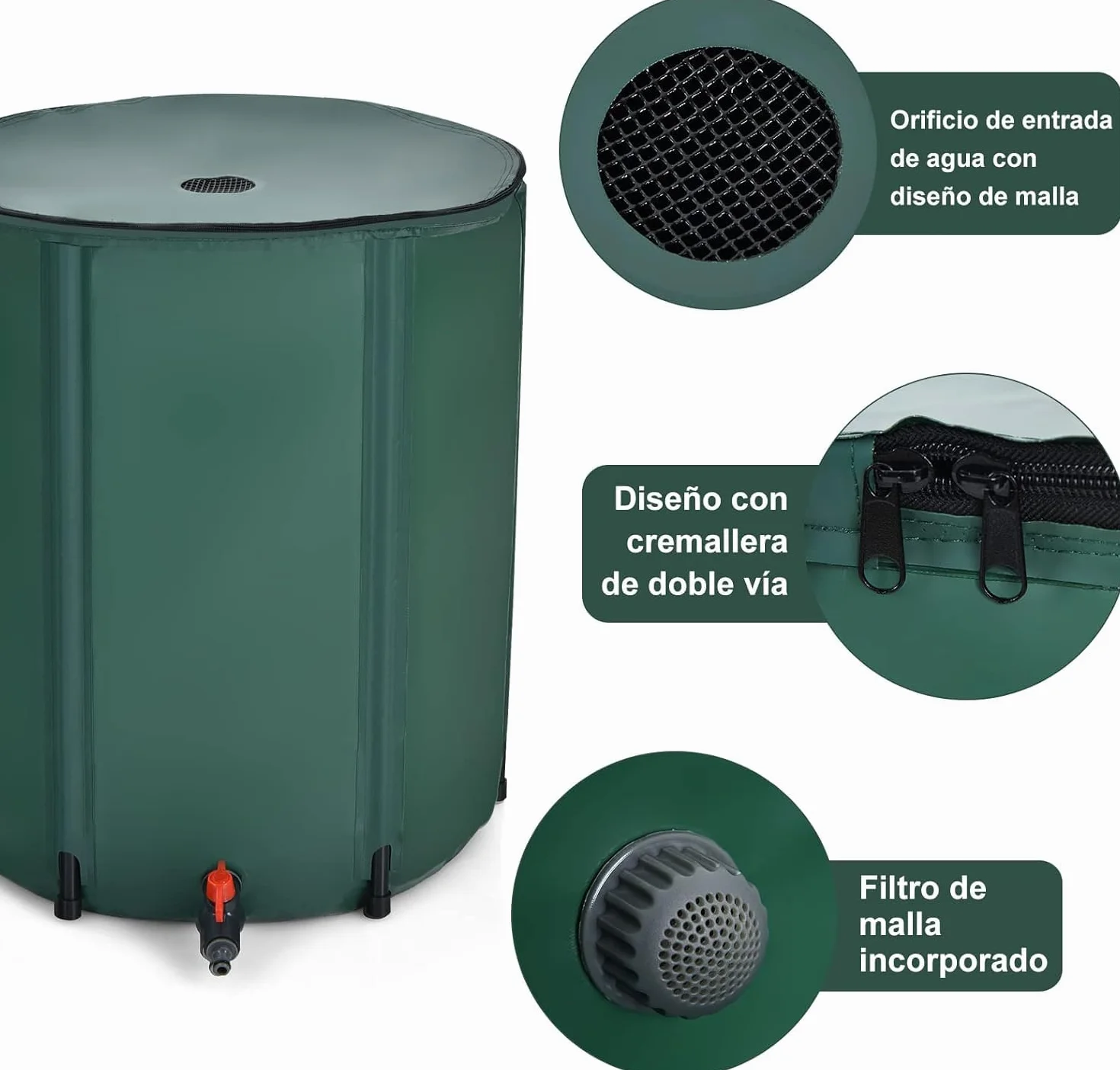 GOPLUS Barril de Lluvia Plegable 225 L Depósito Agua con Grifo Válvula Drenaje Filtro Tanque Recogida Agua Lluvia Riego Jardín