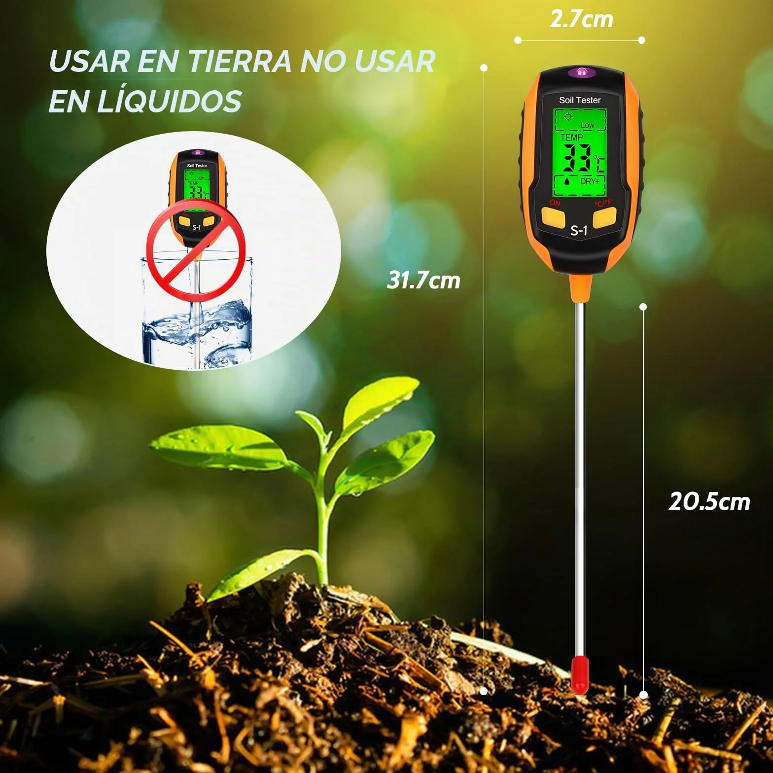 LWMTT Medidor de Suelo 4 en 1 pH Temperatura Humedad Luz Pantalla LCD Jardinería