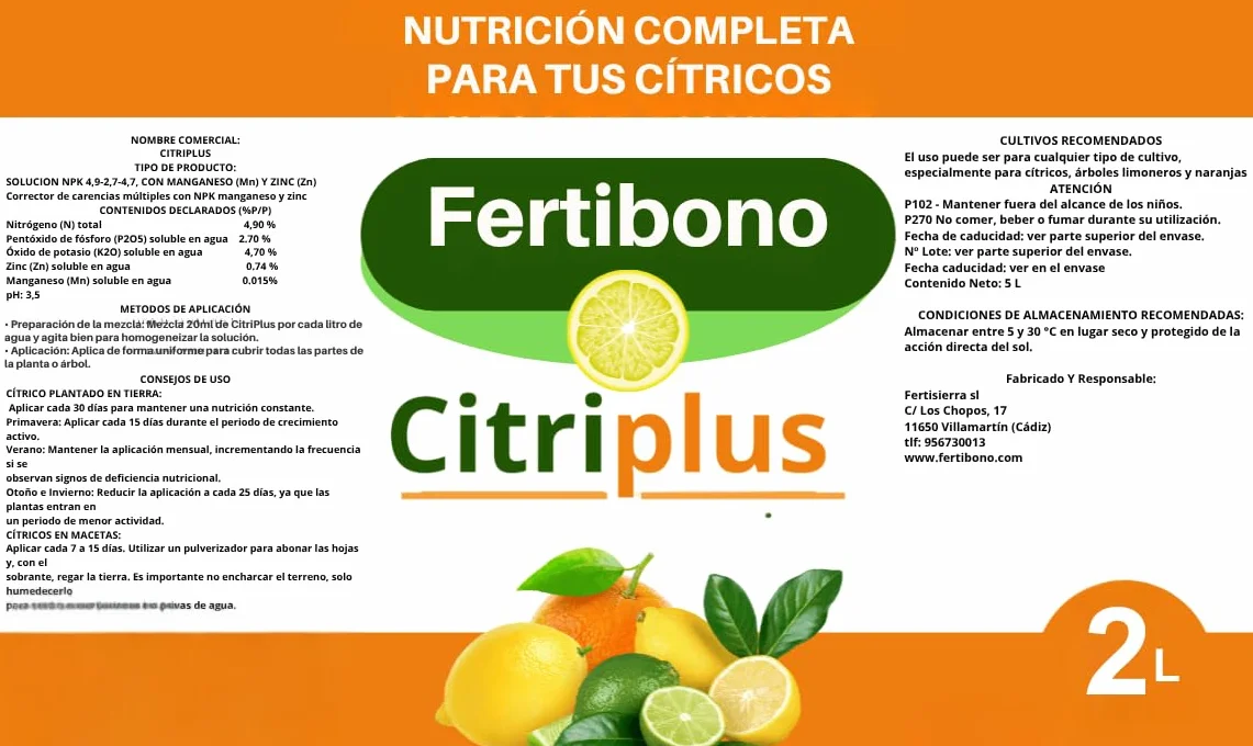Fertibono CitriPlus Abono Cítricos 2L Rico en Hierro Zinc Magnesio NPK Ecológico