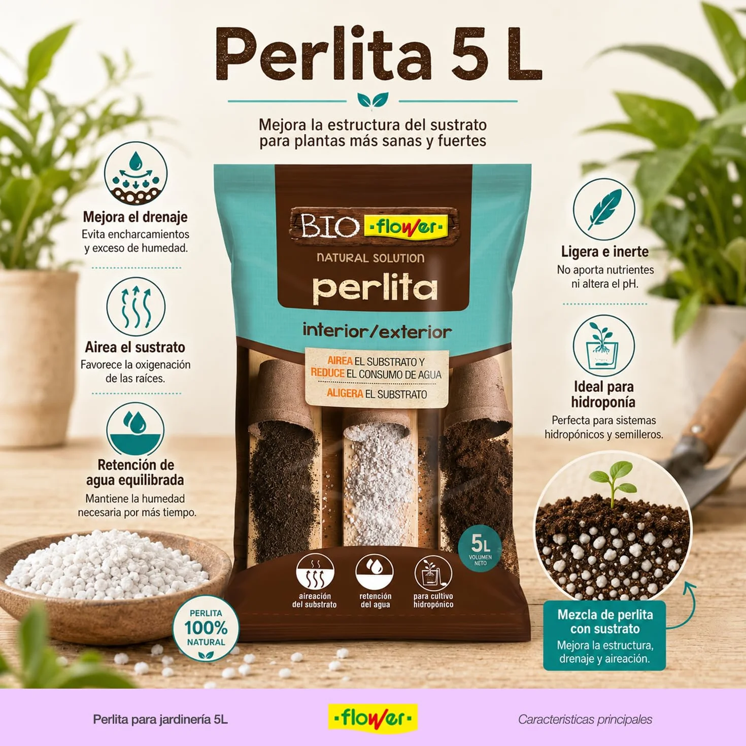 Perlita 5 L para Jardinería Drenaje Aireación Macetas Hidropónica