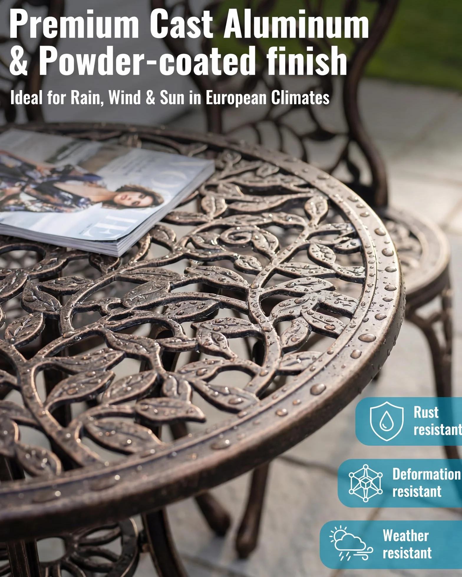 Conjunto de Mesa y Sillas de Jardín 3 Piezas Aluminio Fundido Bronce