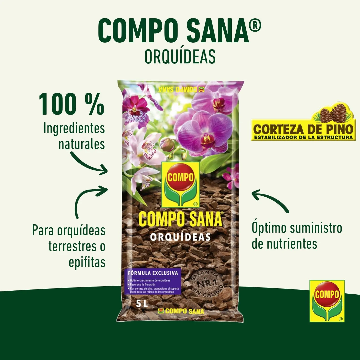 Compo Sana Substrato de orquídeas con abono 8 semanas, Corteza de Pino, 5 L