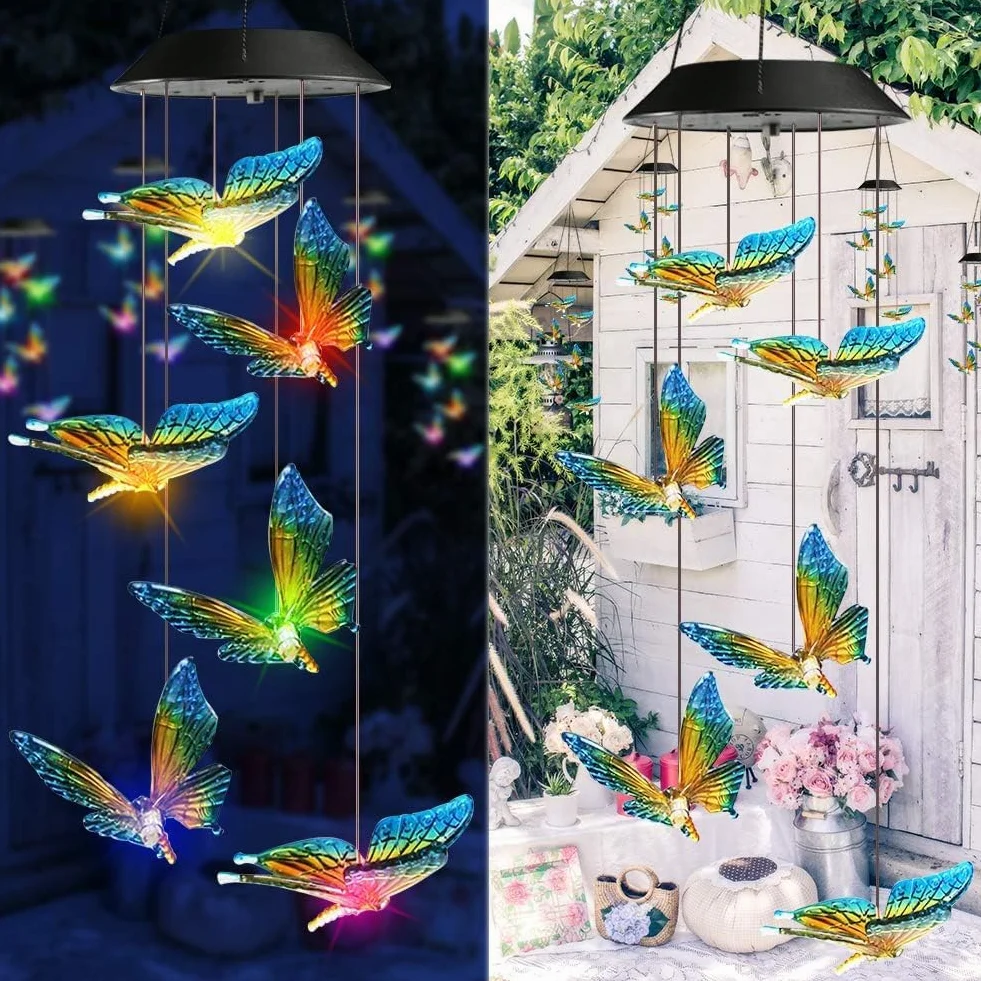 iShabao Mariposa Carillón de Viento Solar LED Impermeable Exterior Decoración Balcón (Azul)
