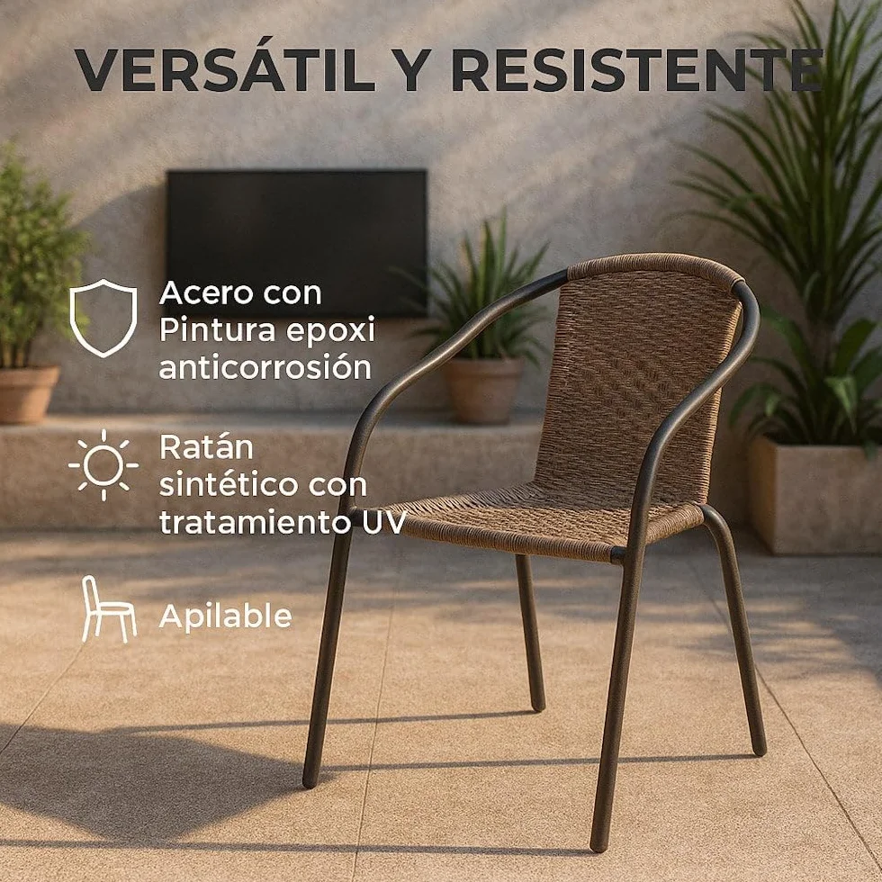 LOLAhome Conjunto Jardín Exterior Mesa y 2 Sillas Cristal Templado Ø60cm Ratan Natural Apilables