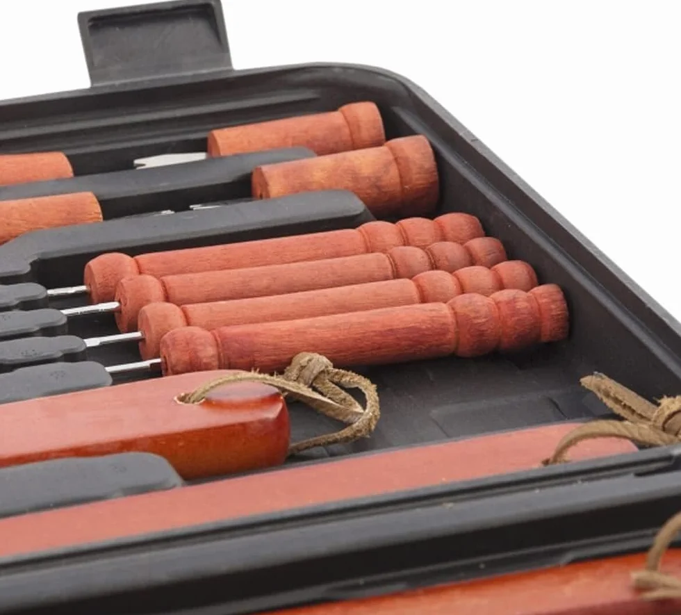 Kit Barbacoa - Juego de utensilios para barbacoa, utensilios de barbacoa, juego de herramientas para viajes, jardín, maletín, acero inoxidable y madera