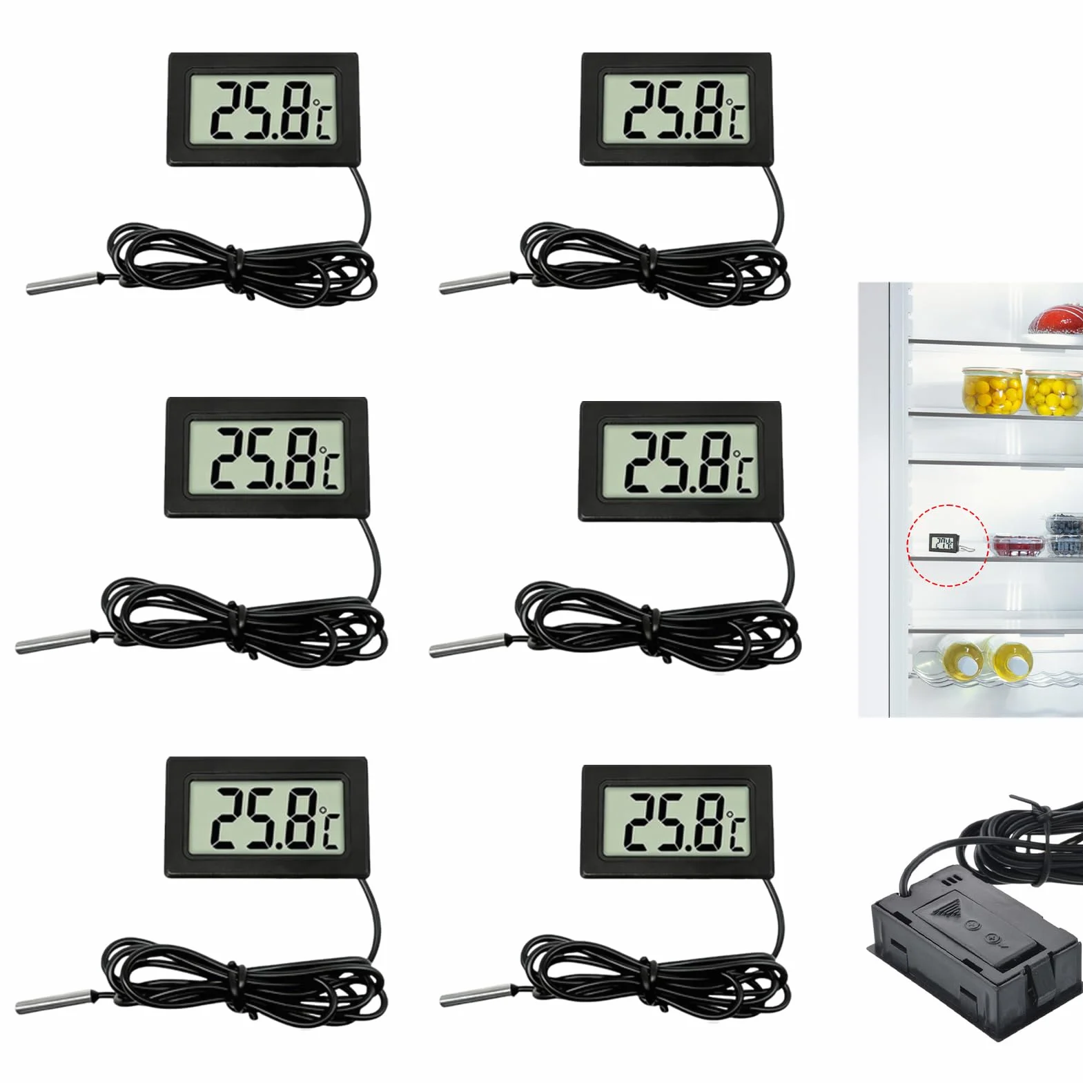 Termómetros Digitales LCD con Sonda Externa, Lote de 6, para Refrigerador Congelador Acuario Reptil