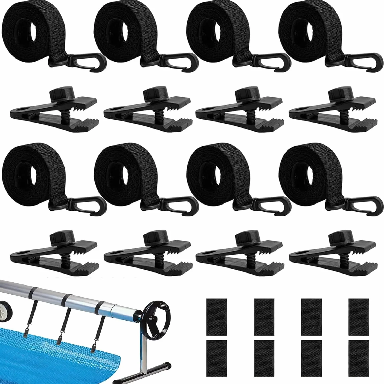 MEISO Enrollador de Piscina, Kit de Fijación con 8 Bandas y 8 Grapas para Cubierta Solar Universal