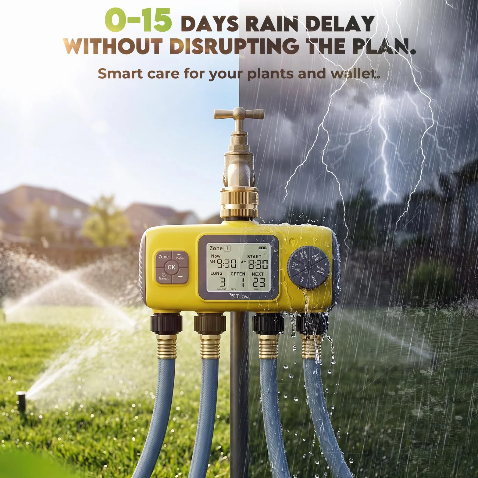 Programador Riego Automático 4 Entradas de Agua, Controlador de Latón con Pantalla LCD, IP65 Impermeable