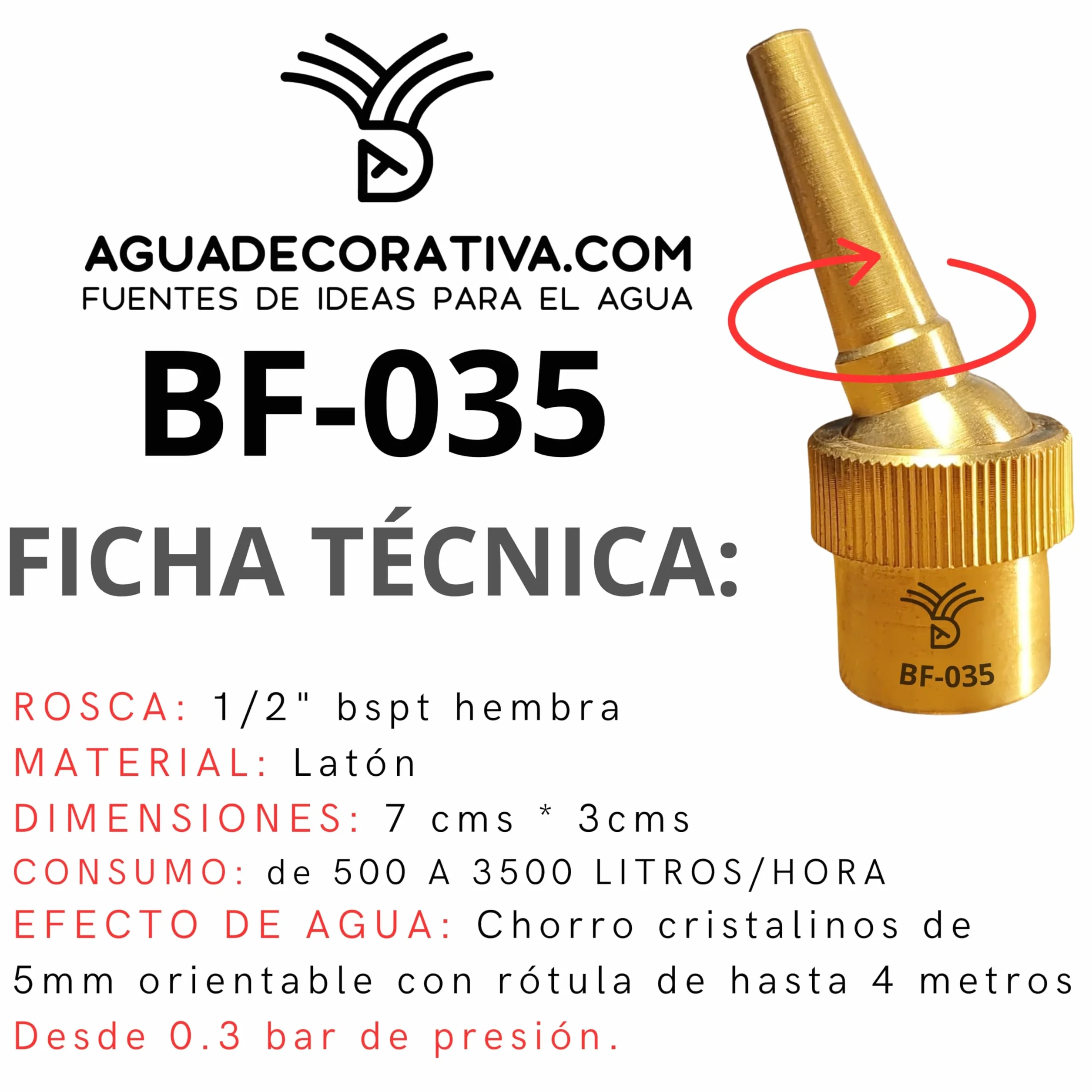 Boquillas para Fuentes de Jardín - Chorro cristalino de Lanza con rótula de 5 mm Rosca 1/2" BSSPT (Latón)