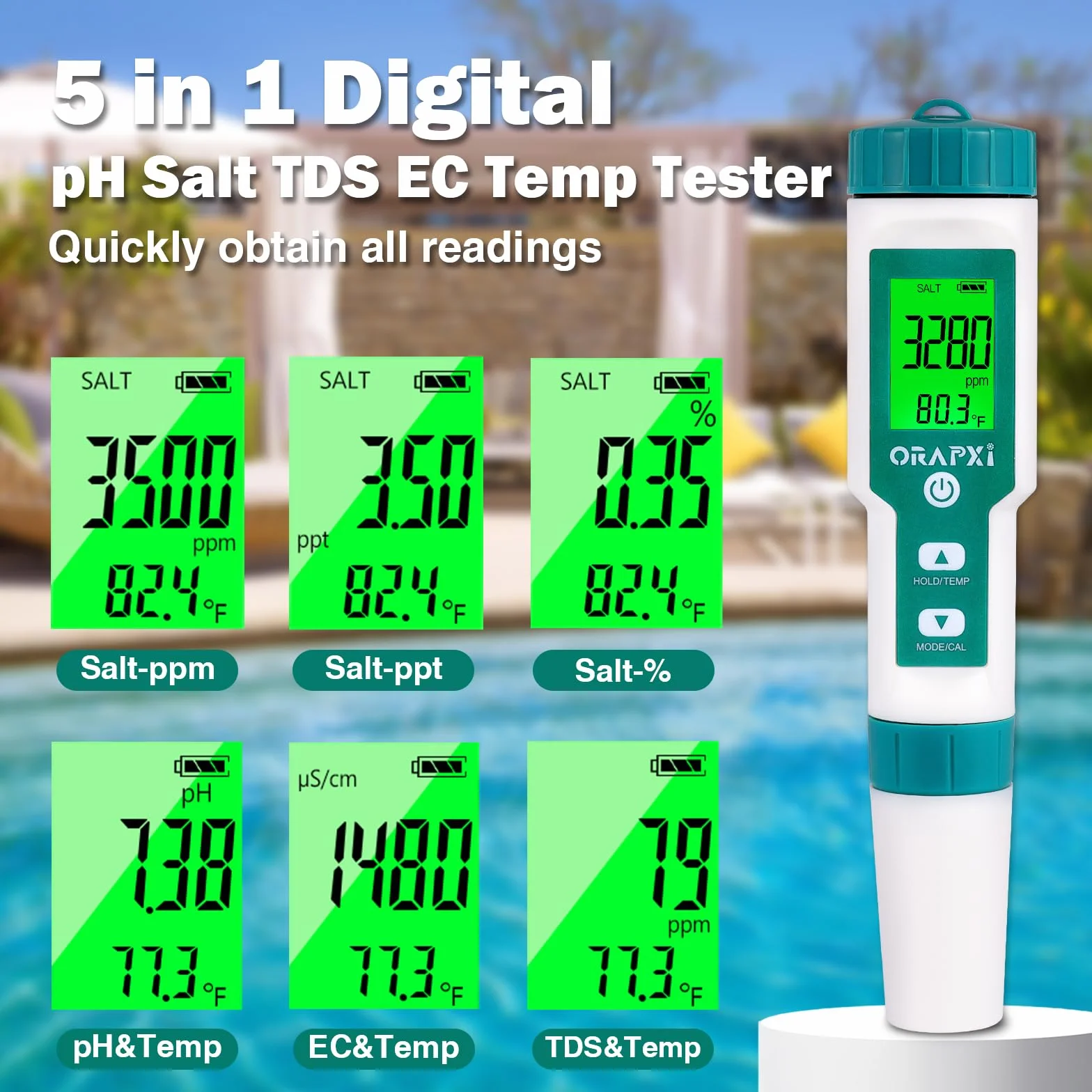 Probador de sal de piscina ORAPXI Medidor de pH y sal para piscina de agua salada Probador digital de pH y salinidad 5 en 1 Medidor de sal para piscinas Jacuzzis y spas de natación