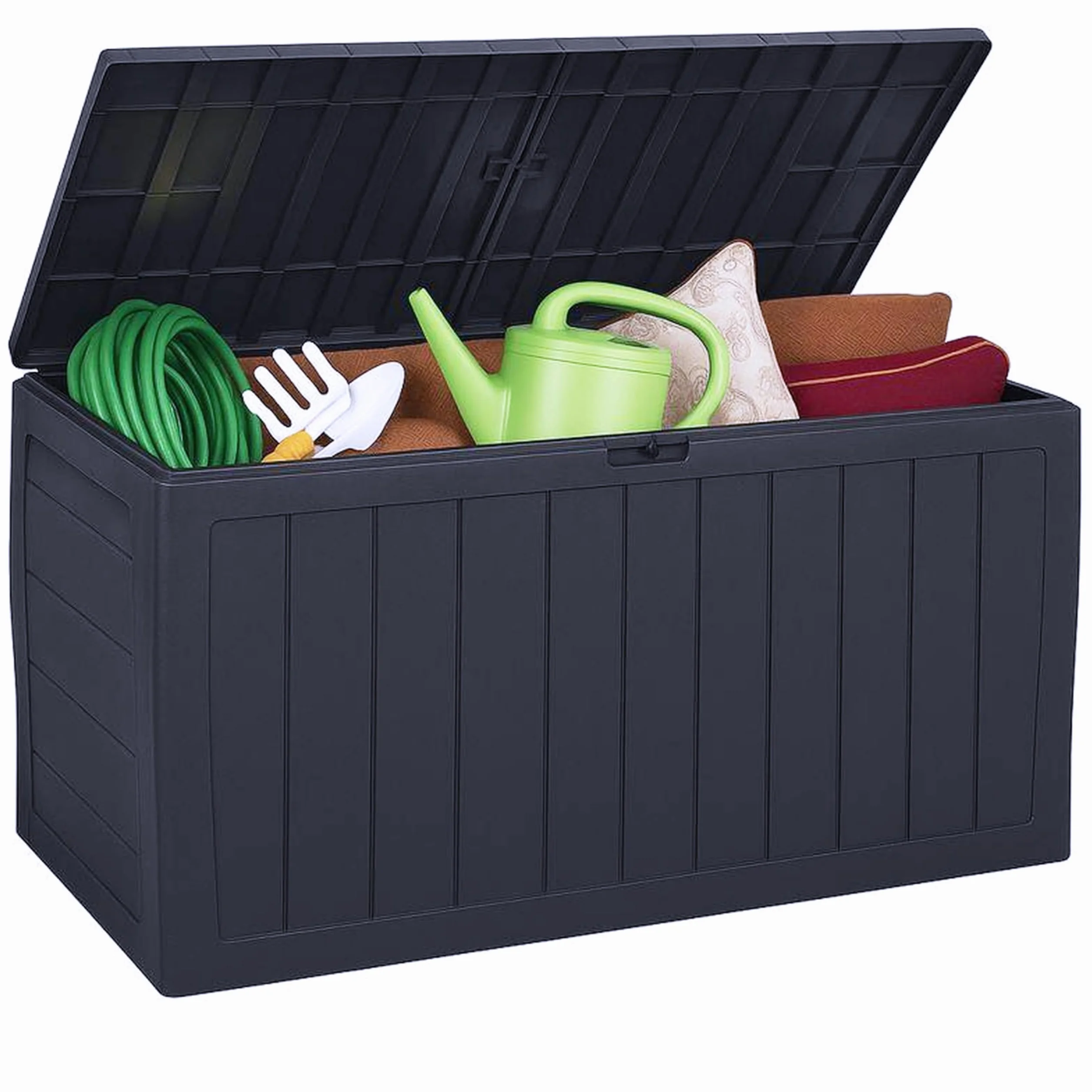 Deuba Baúl de Almacenaje Exterior 270L con Ruedas Impermeable Antracita | 117x45x57cm, Polipropileno, Resistente UV, Efecto Madera, 3 Asas, Cerradura, Garaje, Jardín, Patio, Terraza, Balcón, Interior