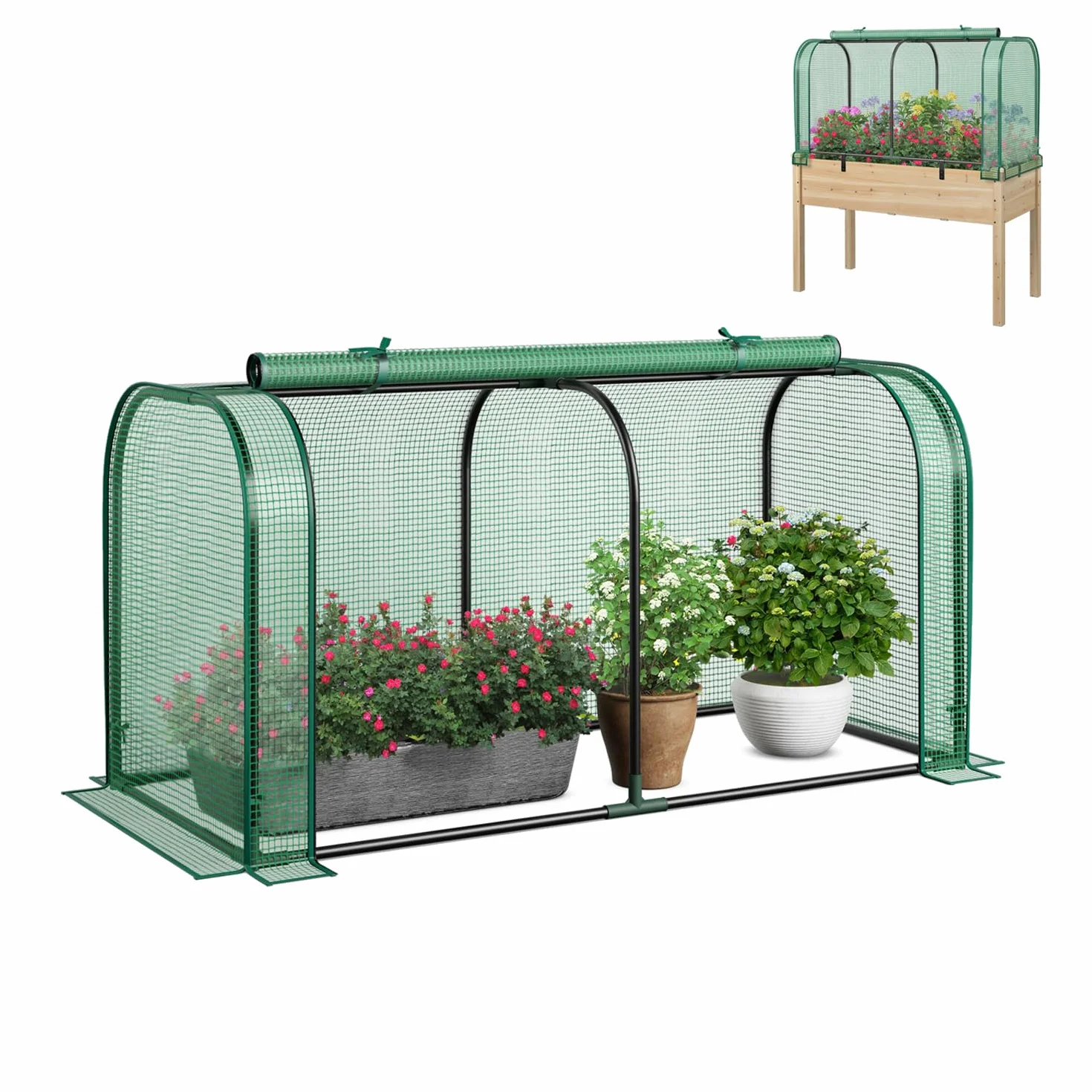GOPLUS Mini Invernadero Portátil, 118 x 55 x 60 cm, Invernadero Exterior con Puerta Enrollable, Estacas de Tierra, Estructura de Metal, Cubierta PE Impermeable, para Verduras Flores Plantas (Verde)