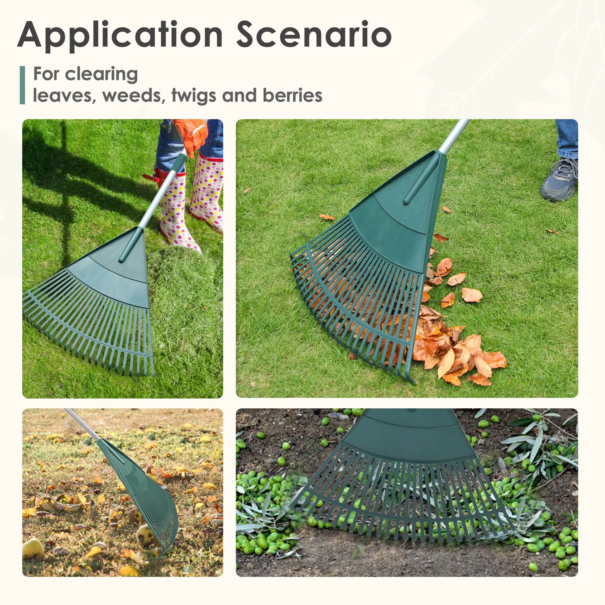ORIENTOOLS Rastrillo de Hojas de Jardín, Mango de Acero Ajustable, 26 Dientes, 110-168 cm