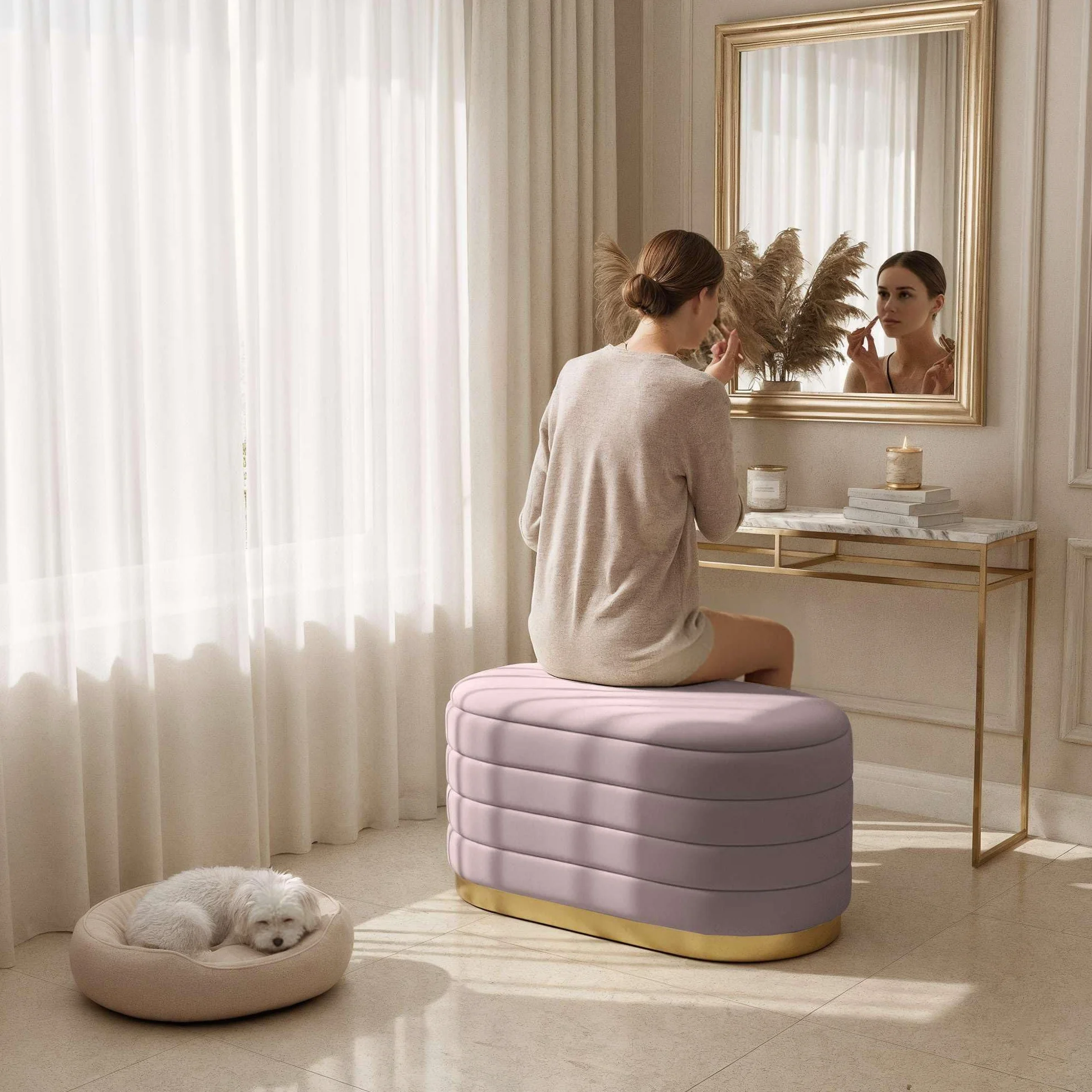 AKORD Banqueta con Almacenamiento en Terciopelo 80 cm, Banco de Cama Tapizado, Patas de Metal Dorado, Rosa empolvado