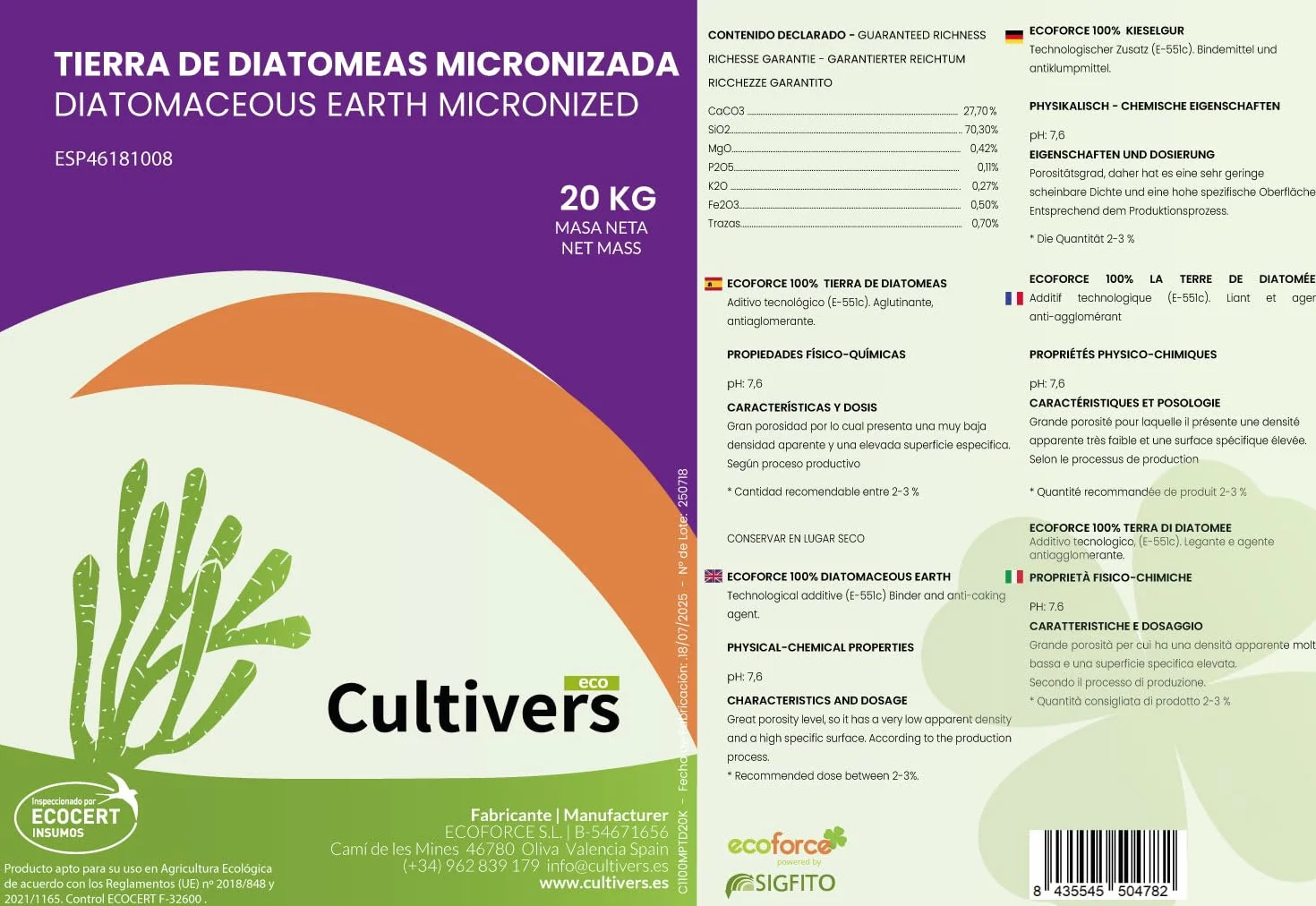 CULTIVERS Tierra Diatomeas Micronizada 1 kg Polvo Ultrafino Natural Certificada ECOCERT