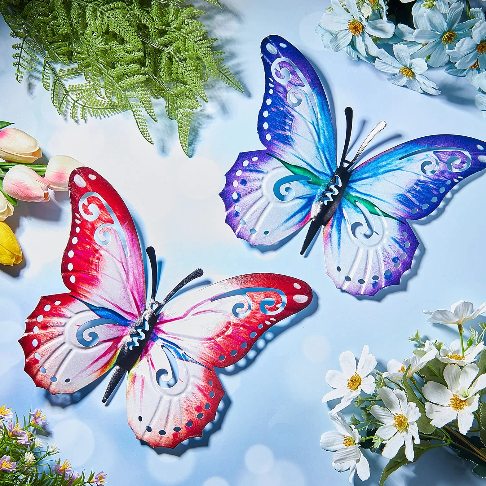 Mariposas de Metal Grandes para Exteriores Decoraciones de Jardín Arte de Pared 27 x 22 cm Rosa y Azul