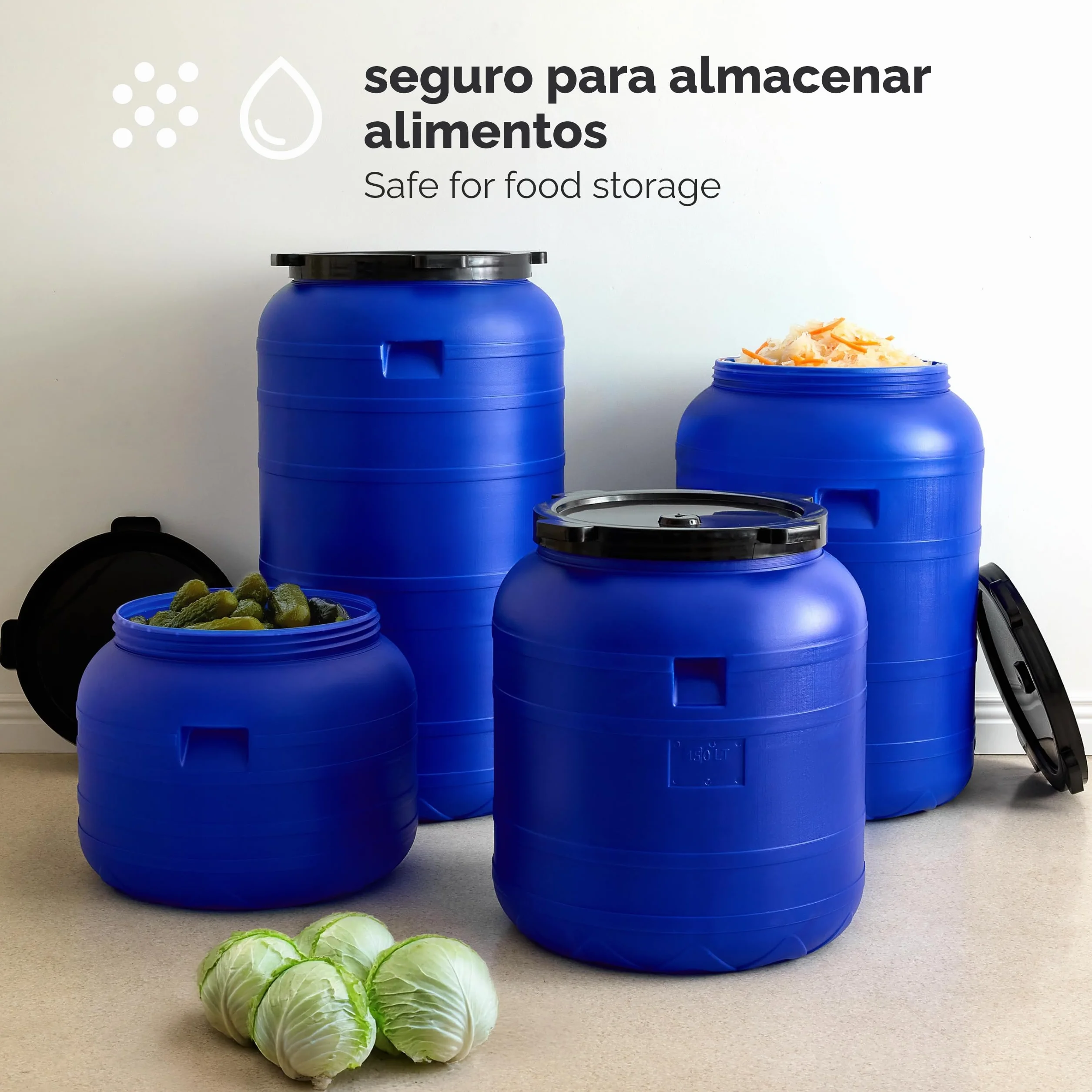 Garronda Barril de Boca Ancha 150 litros BPA-Libre, Universal para Alimentos, Agua de Lluvia con Tapa, Azul