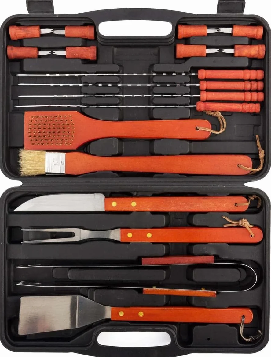 Kit Barbacoa - Juego de utensilios para barbacoa, utensilios de barbacoa, juego de herramientas para viajes, jardín, maletín, acero inoxidable y madera
