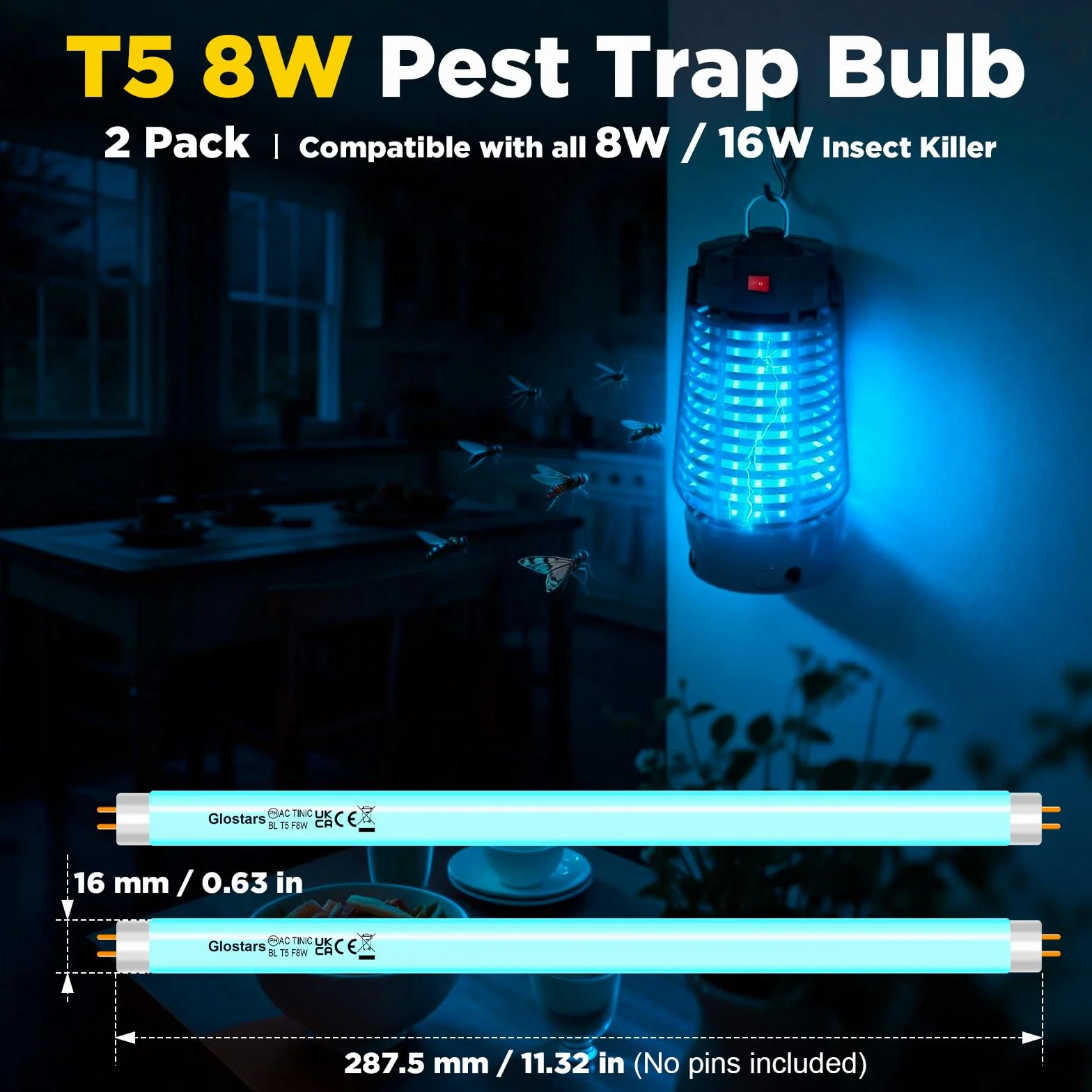 Glostars T5 F8W BL Tubo UV Repuesto Insecticida Eléctrico 30cm Blacklight Matamoscas Pack 2