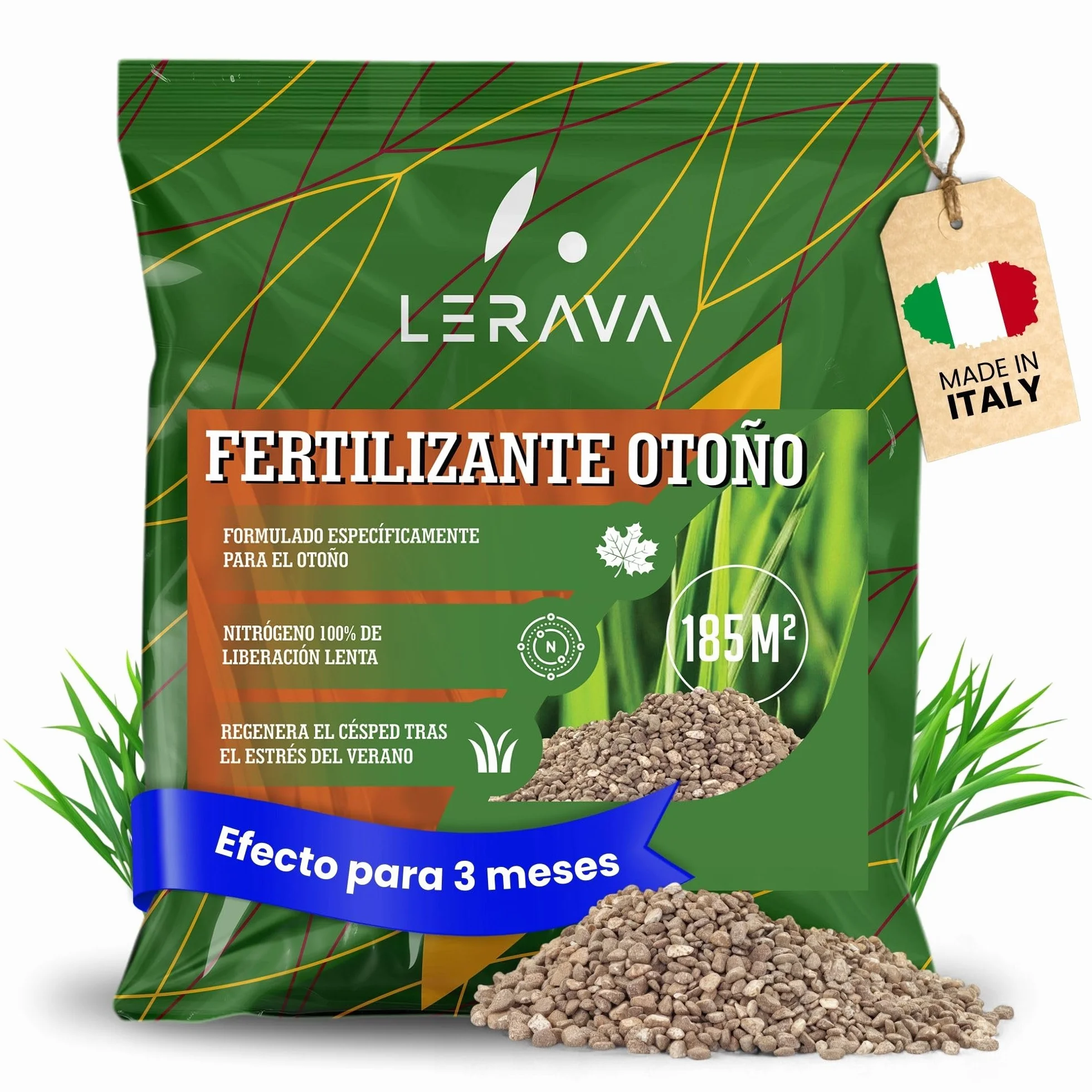 LERAVA® Abono césped Otoño 185 m² Fertilizante Liberación Lenta 100% Nitrógeno
