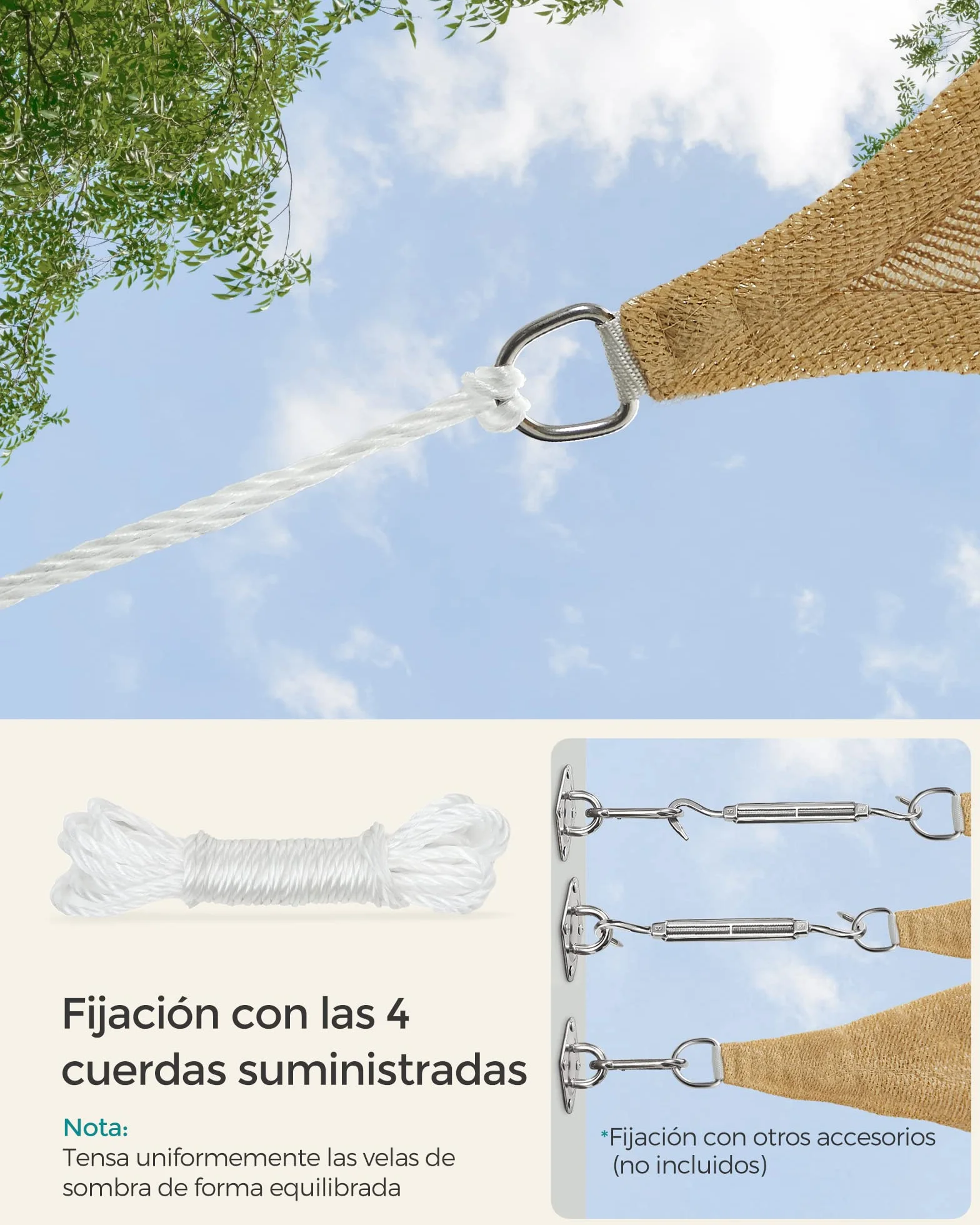 SONGMICS Vela de Sombra 3 x 5 m, HDPE, Protección Solar, Rectangular, Cóncava, Amarillo Arena