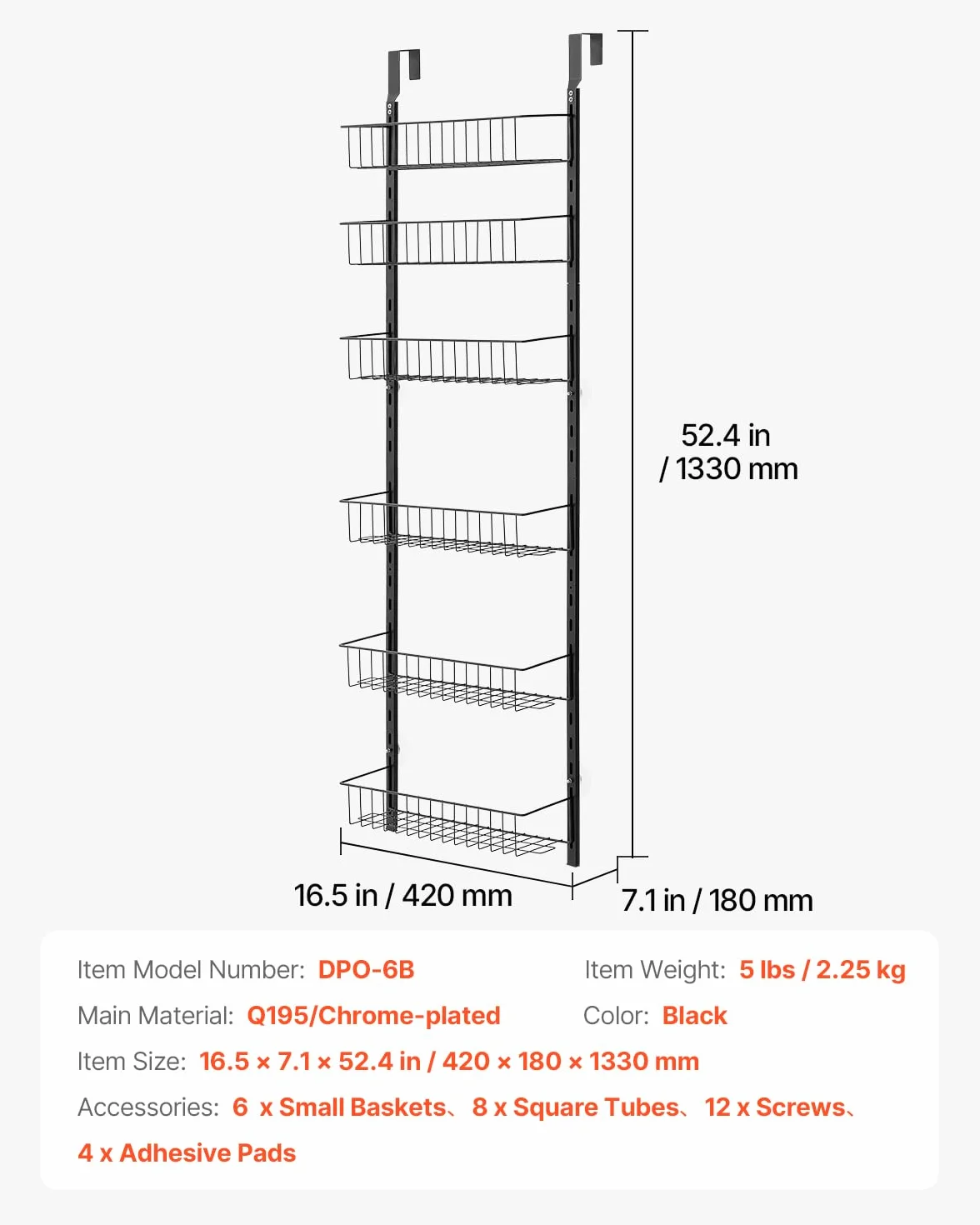 VEVOR Estante de Almacenamiento para Colgar Puerta 6 Niveles 42 x 18 x 133 cm Acero Negro