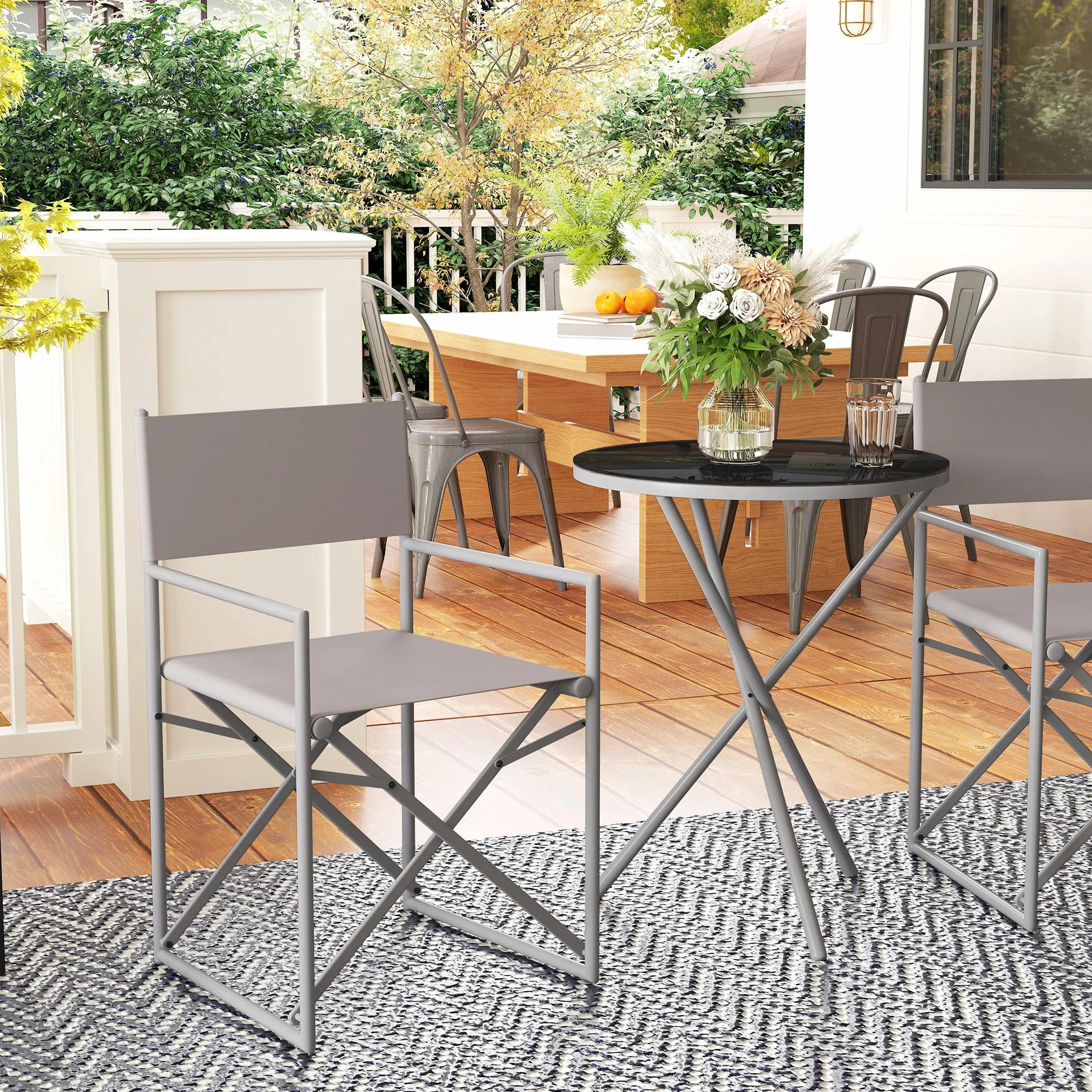 Outsunny Conjunto de Muebles de Jardín de 3 Piezas con Sillas Plegables y Mesa de Vidrio Templado Gris Oscuro
