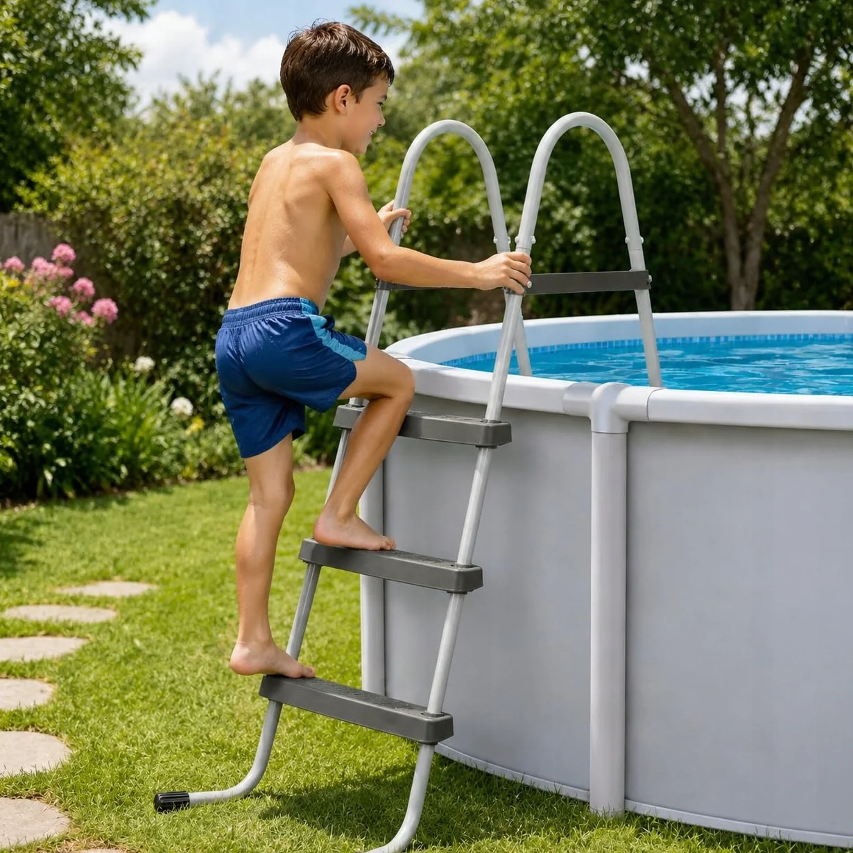 Escalera de piscina estable de metal hasta 107 cm, escalones anchos, montaje rápido