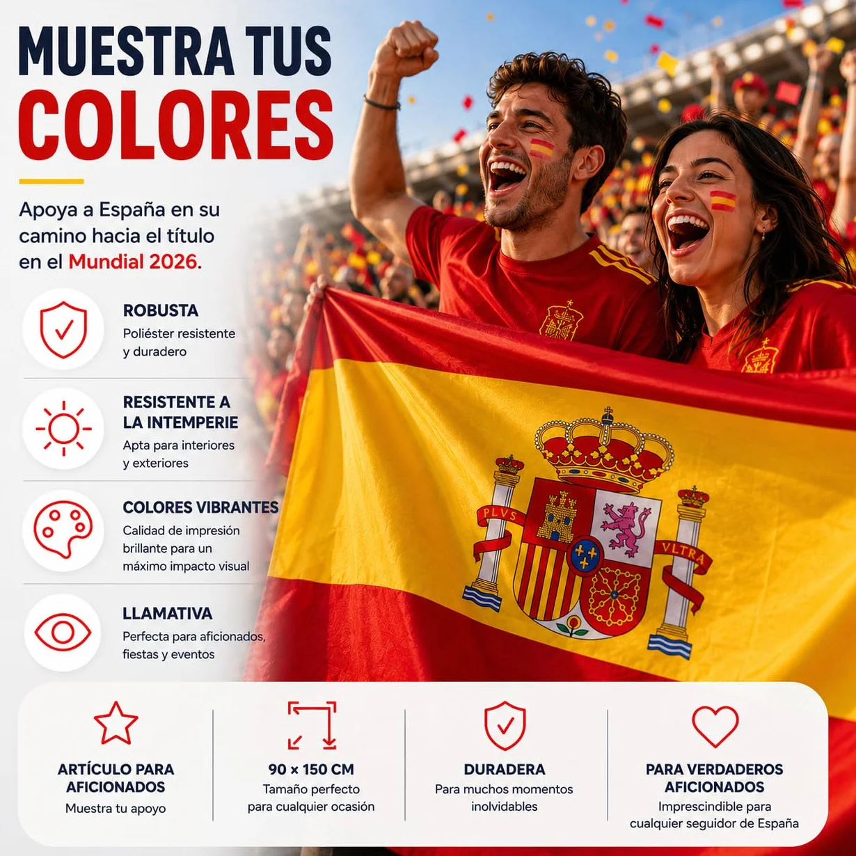 Bandera de España Copa del Mundo 2026 90 x 150 cm poliéster resistente ojales metálicos