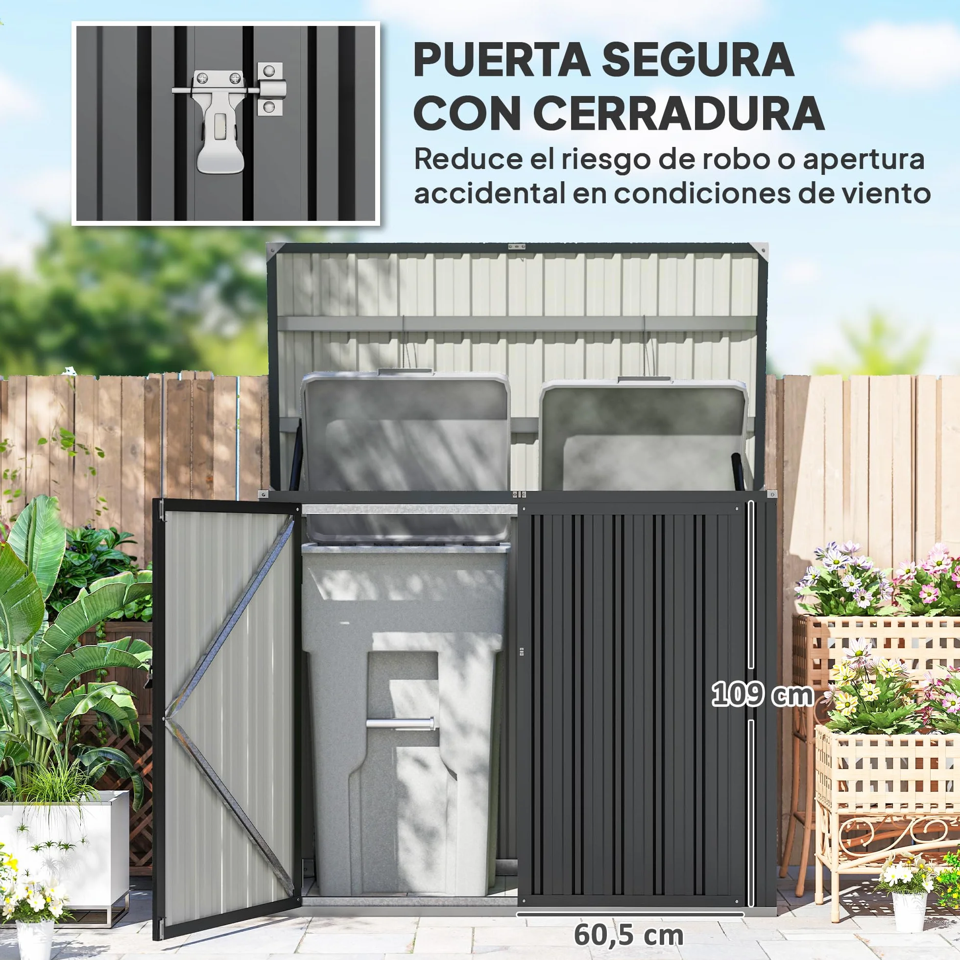 Outsunny Cobertizo para Contenedor de Basura Doble, Caseta para Cubo de 240L, Acero Galvanizado, 150x80x117 cm, Gris Oscuro