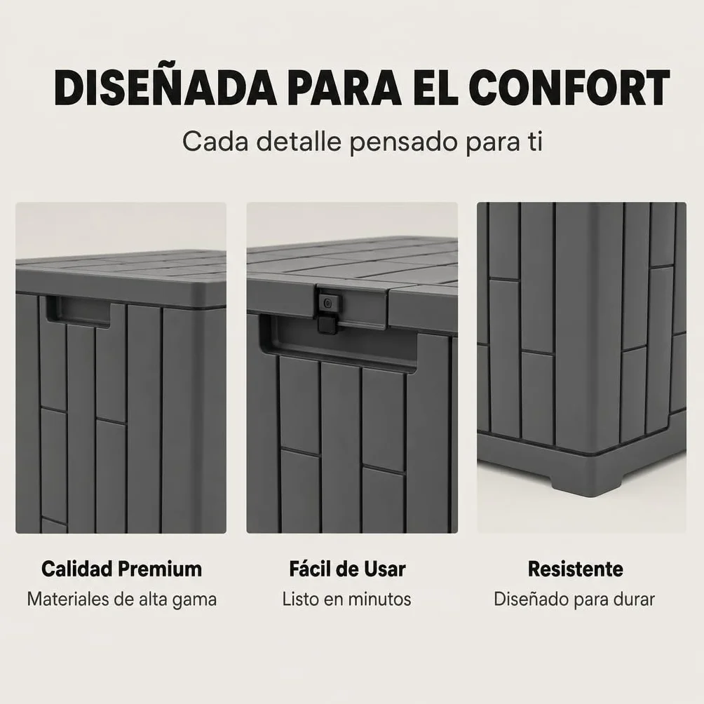 Arcón de Almacenamiento Exterior con Tapa Reforzada y Cierre de Seguridad – Baúl de Jardín Plástico Resistente a UV, Lluvia e Impactos