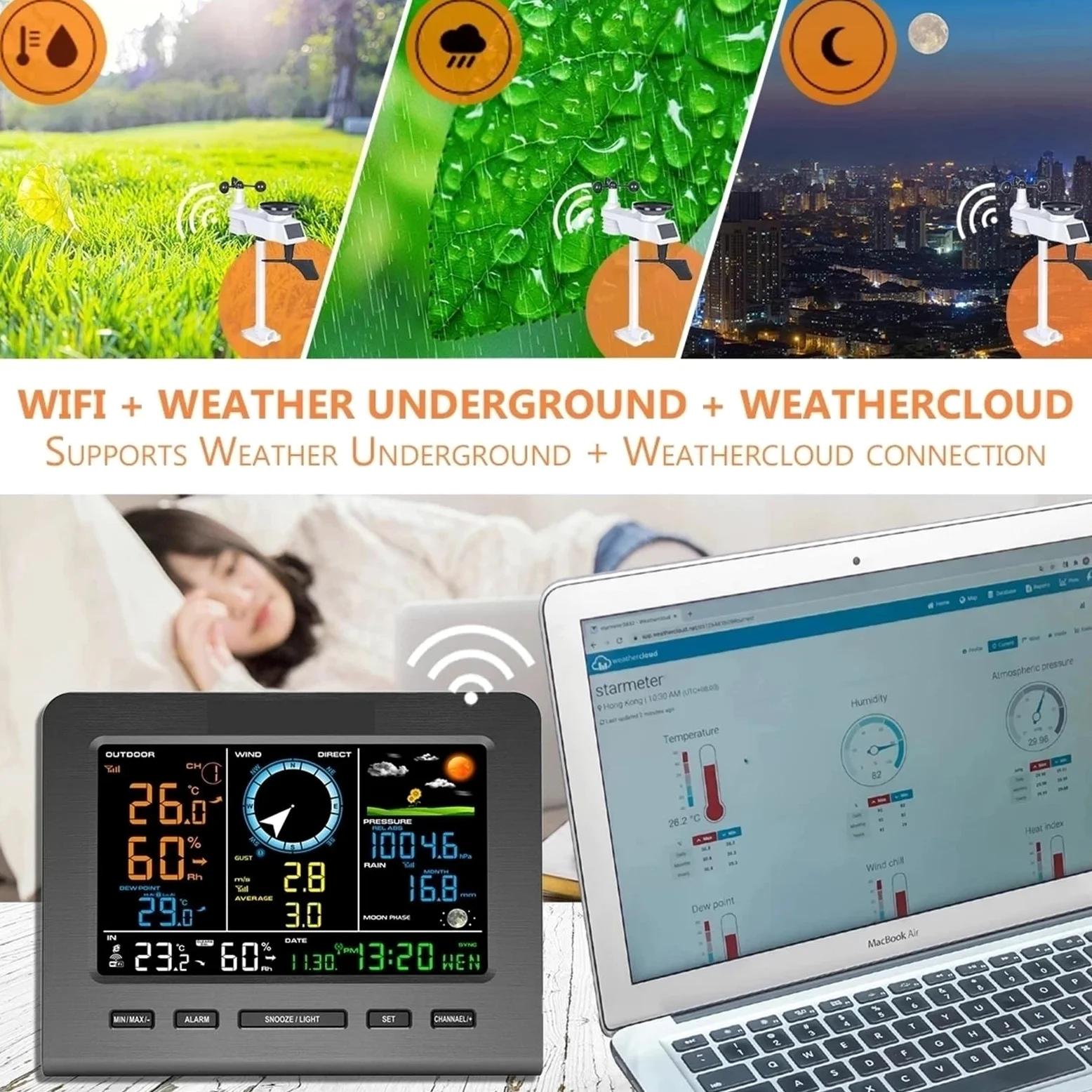Estación Meteorológica Inalámbrica de Internet, pronóstico del tiempo, temperatura, presión, humedad, viento, lluvia, medidor, alarma con frase lunar(Radio Transmission)